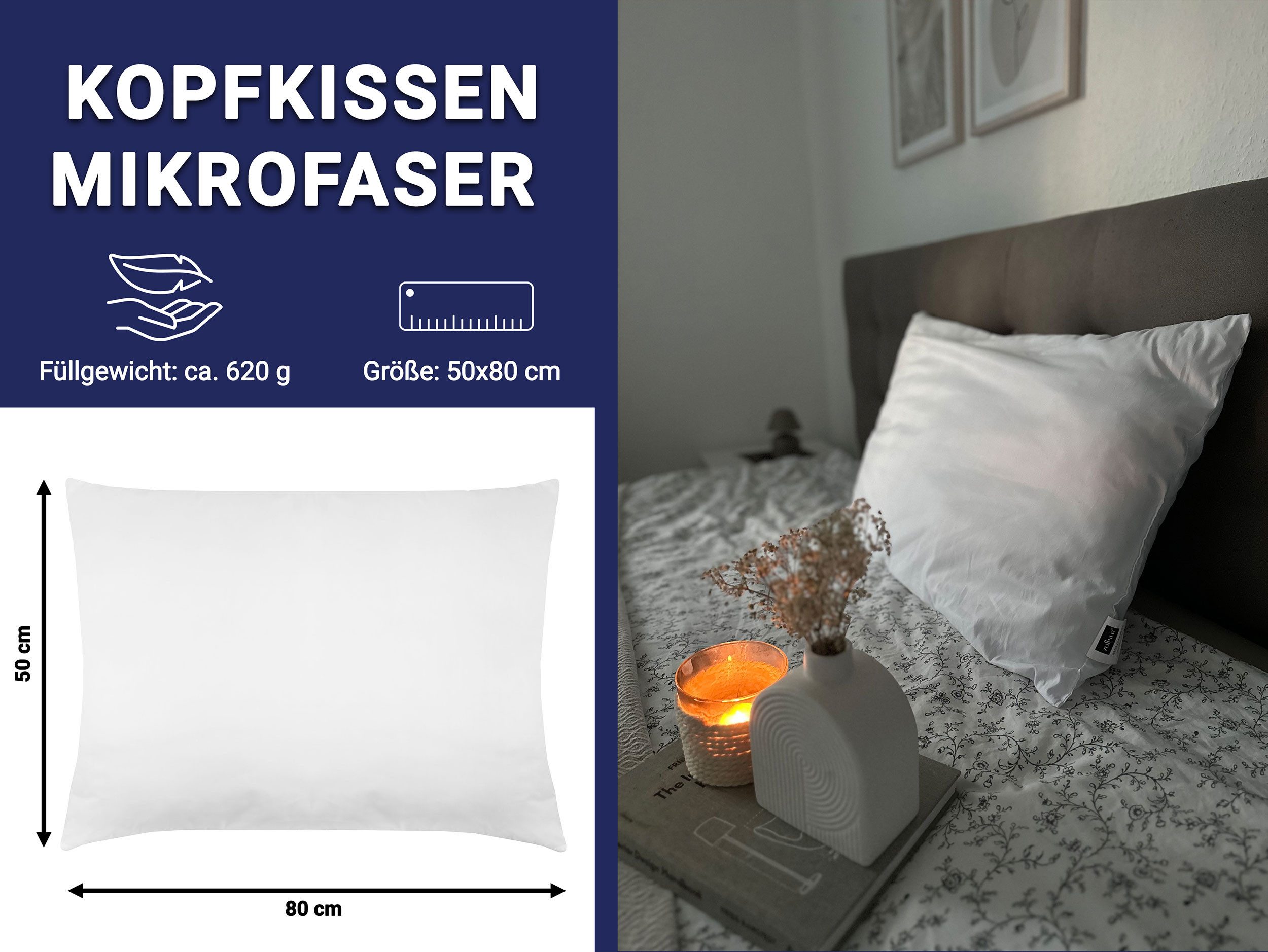 ZOLLNER Kopfkissen, Füllung: 100% Polyester, Seitenschläfer, Rückenschläfer, Bauchschläfer, 50 x 80 cm, 100% Polyester, vom Hotelwäschespezialisten