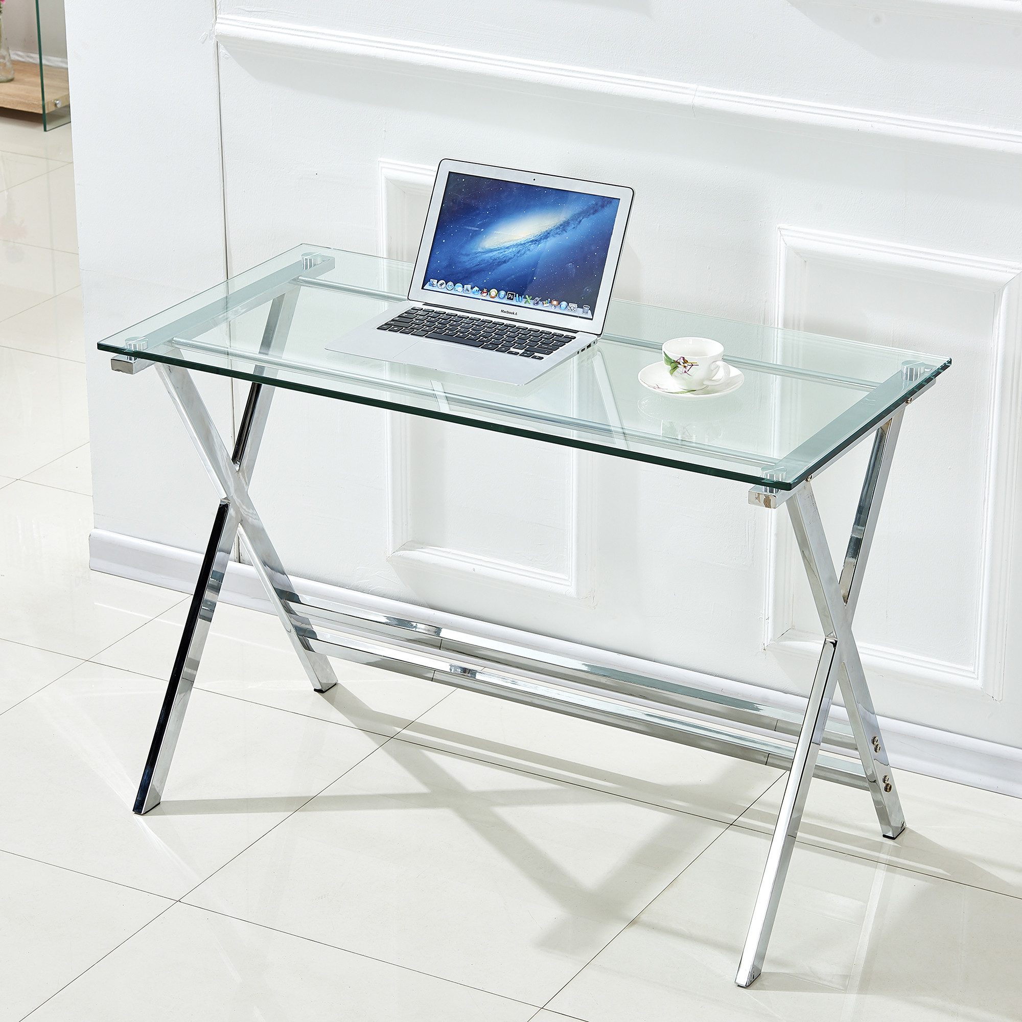 Celya Computertisch Sofatisch aus Glas (Transparente Tischplatte aus gehärtetem Glas, abgerundete Kanten), Ideal für Wohnzimmer, Schlafzimmer, Homeoffice