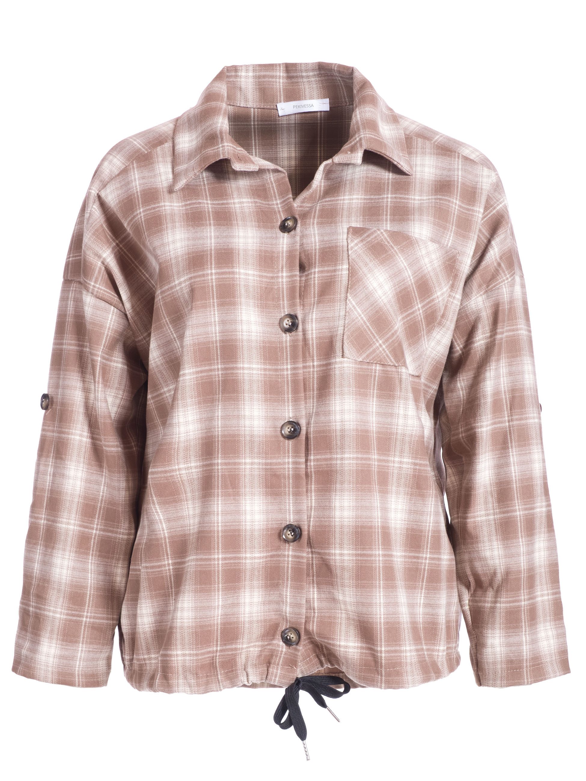 PEKIVESSA Blusenjacke Karobluse mit Hemdblusenkragen mit Bindeband am Saum zum Schoppen