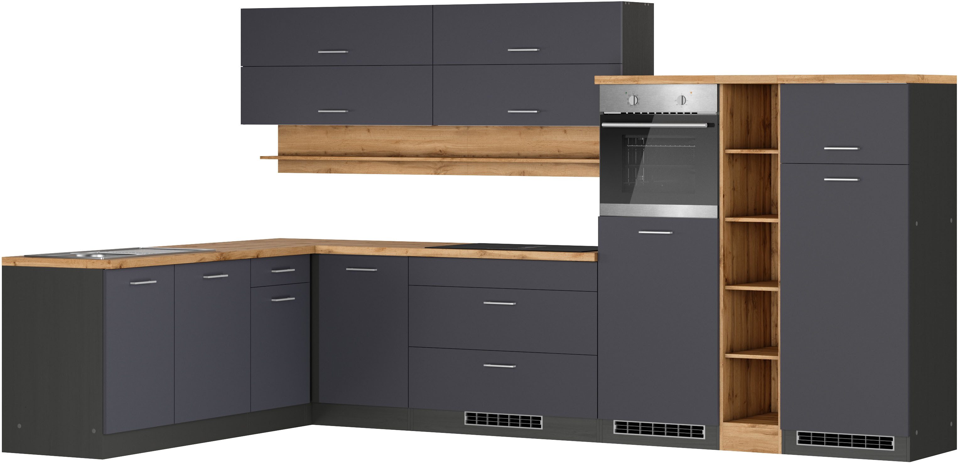 KOCHSTATION Winkelküche KS-Milan, optional mit Muldenlüfter, Stellbr.360/220 cm, wahlweise mit E-Geräten, Kochfeld mit Dunstabzug