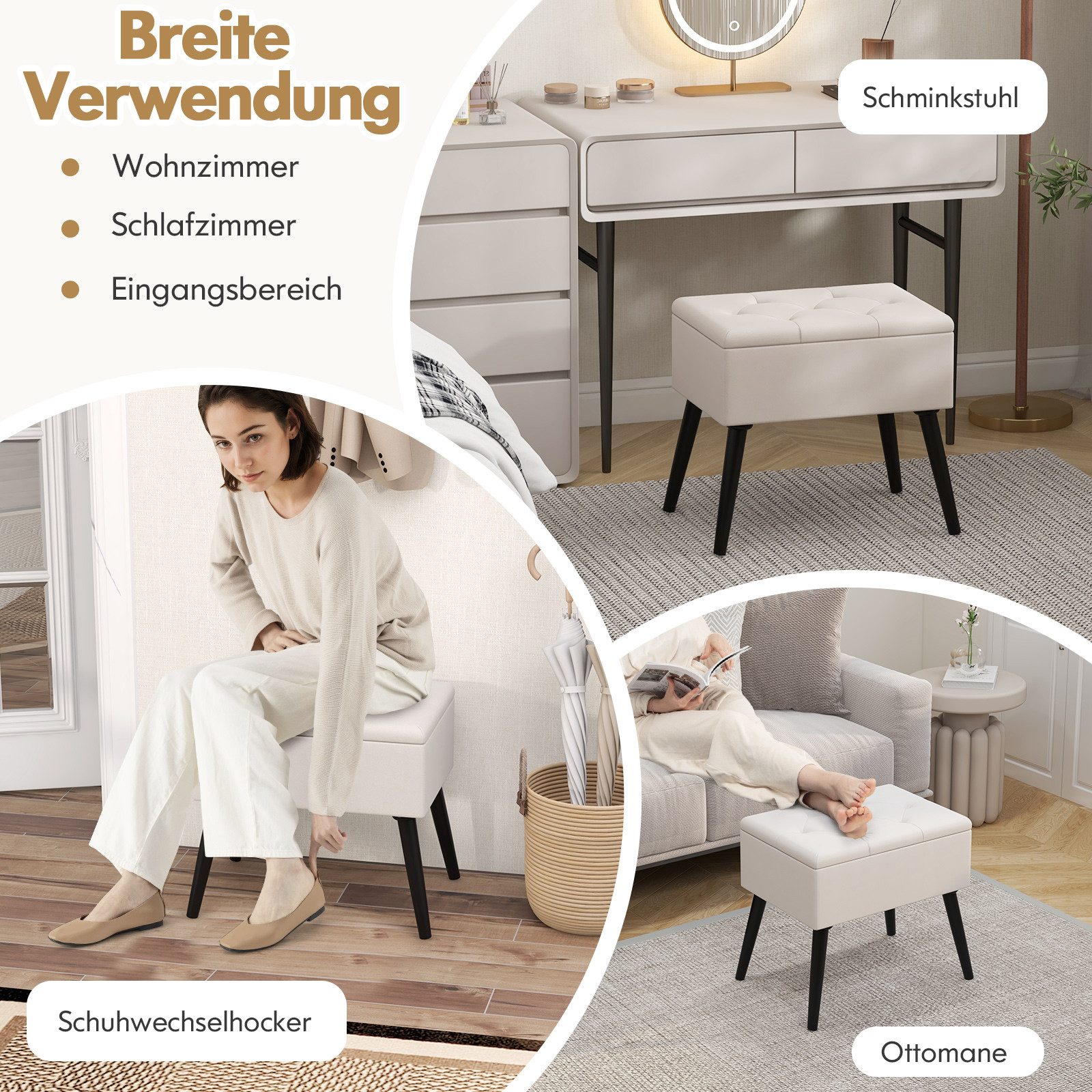 COSTWAY Truhenbank, Schminkhocker gepolstert mit Stauraum, Holz