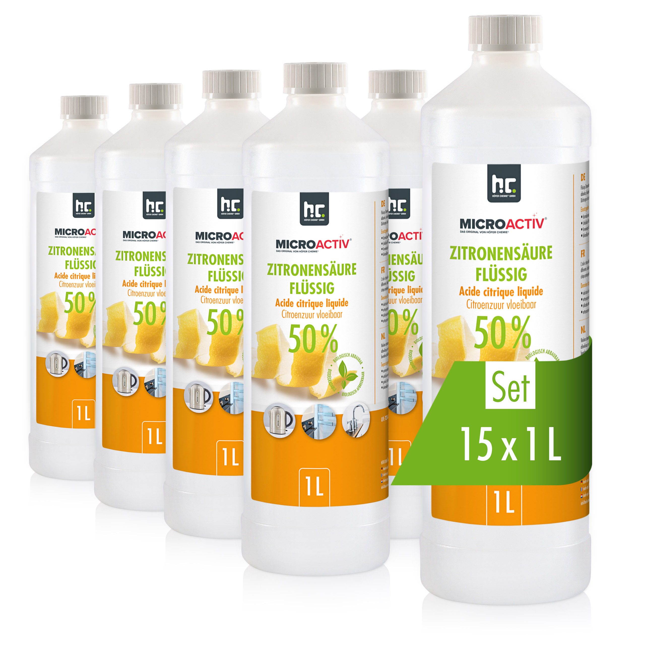 Höfer Chemie GmbH 15x 1 L Microactiv® Zitronensäure 50% flüssig Grundreiniger (Kraftvolle Kalklösung und vielseitig im Haushalt einsetzbar)