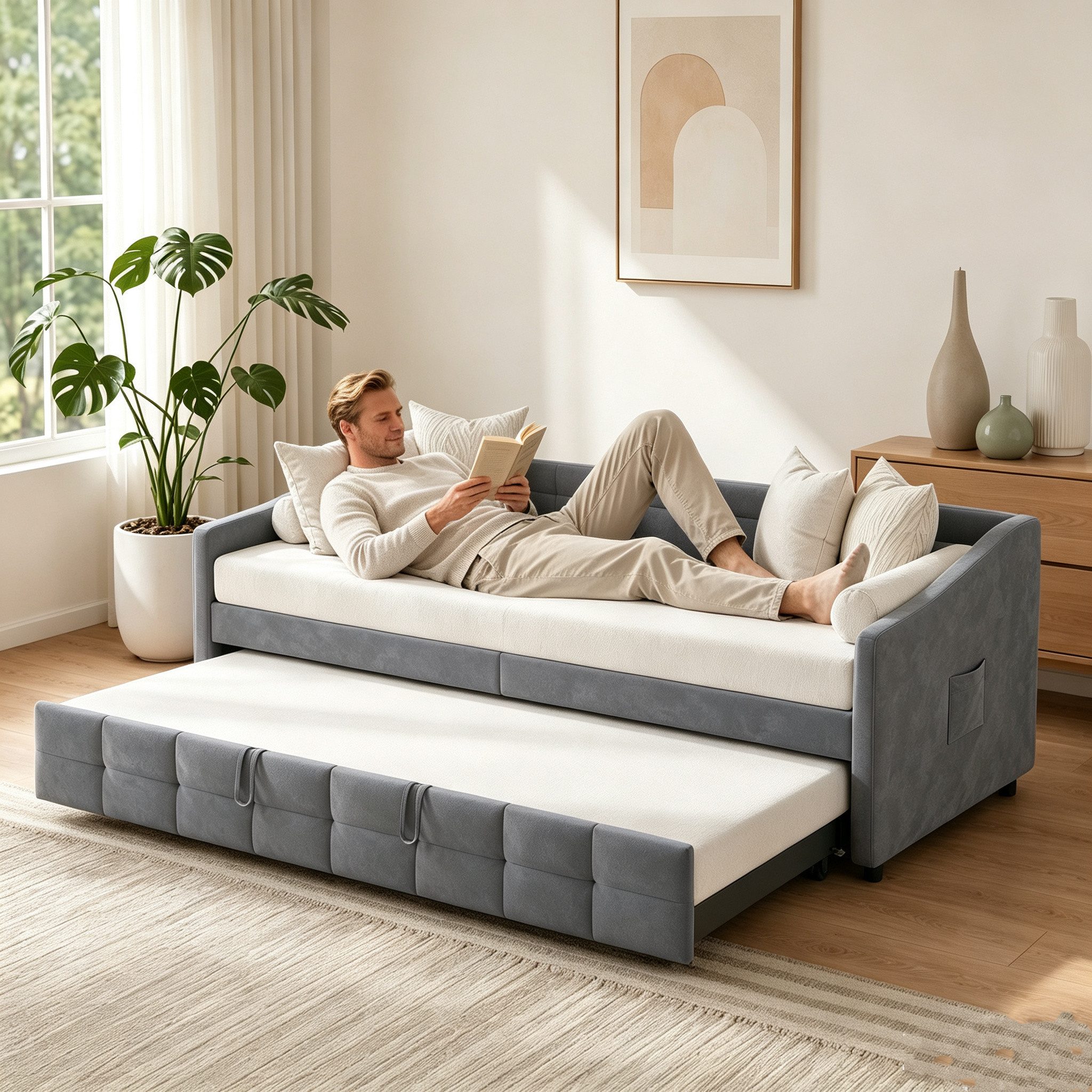 Simurq Daybett Schlafsofa 90x200 mit Unterbett, Ausziehbett, Tagesbett, Gästebett, Polsterbett, Mit Lattenrost, Samt – Bild 4 von 5
