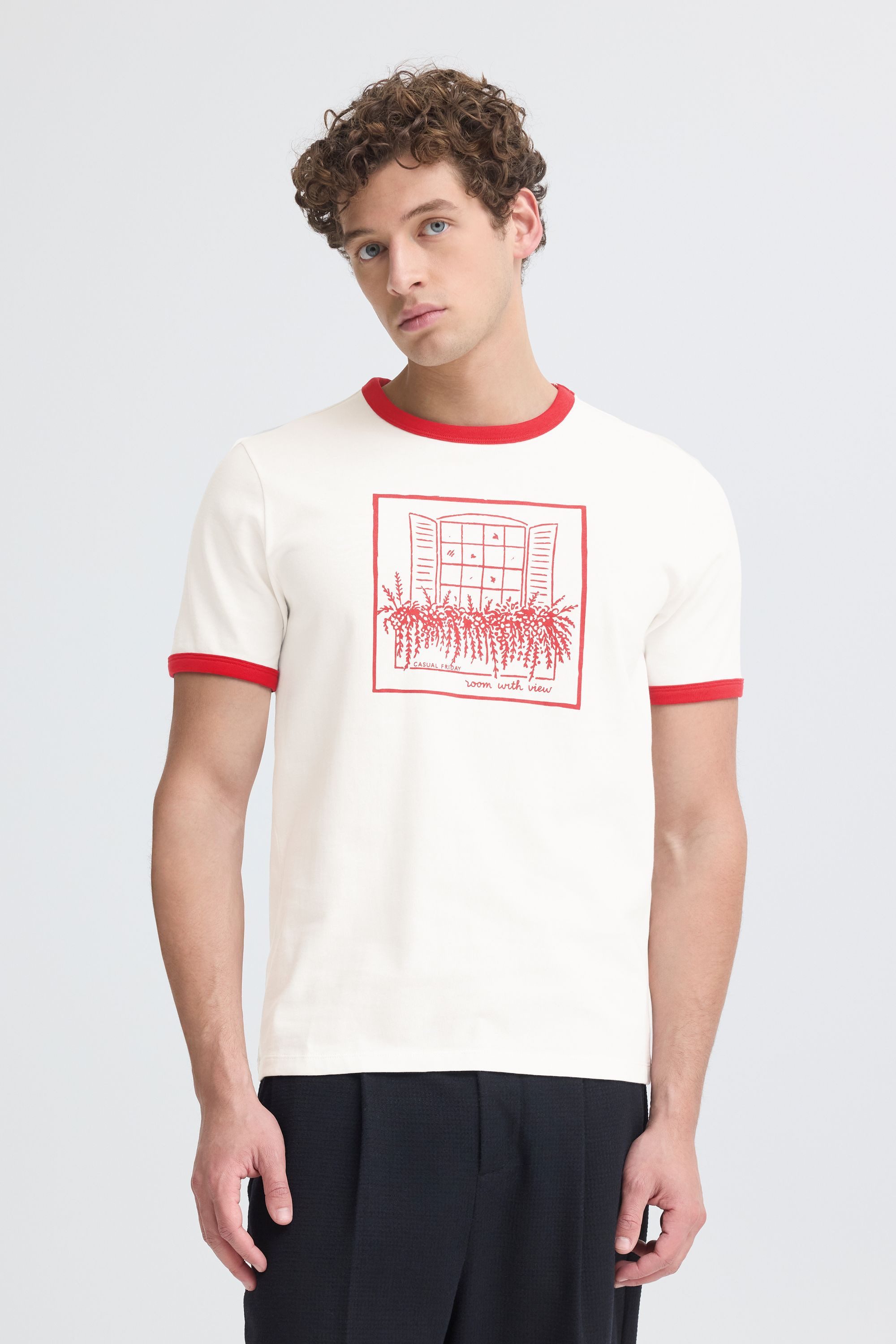 Casual Friday Rundhalsshirt CFTorpe Sommerliches T-Shirt mit Print und Kontrastfarben