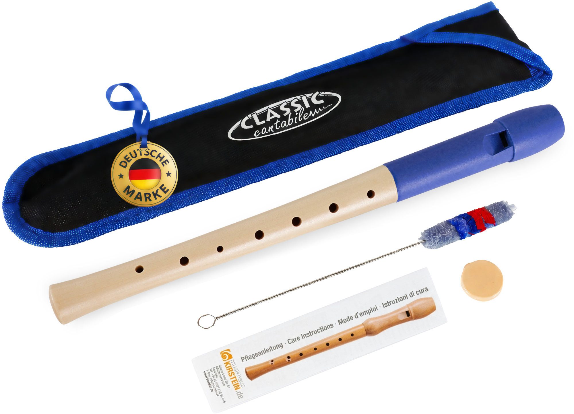 Classic Cantabile Blockflöte Pivella Flöte aus Ahornholz mit Kopf aus Kunststoff C-Sopran deutsch, Pivella Set, Inklusive Grifftabelle, Etui, Korkfett & Wischerstab, 2-teilige Konstruktion