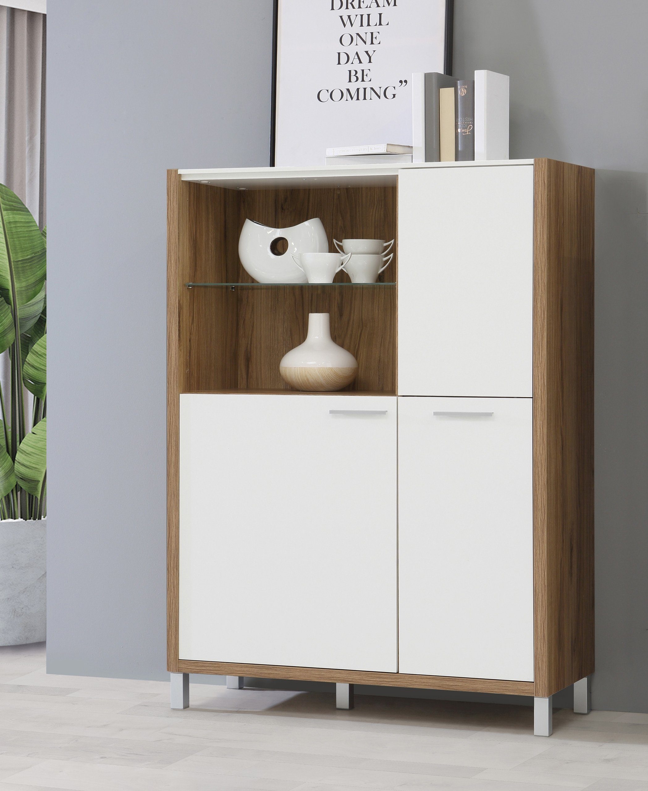 Newroom Highboard Phibie, Highboard Catania Eiche und Weiß Modern Kommode Sideboard Wohnzimmer