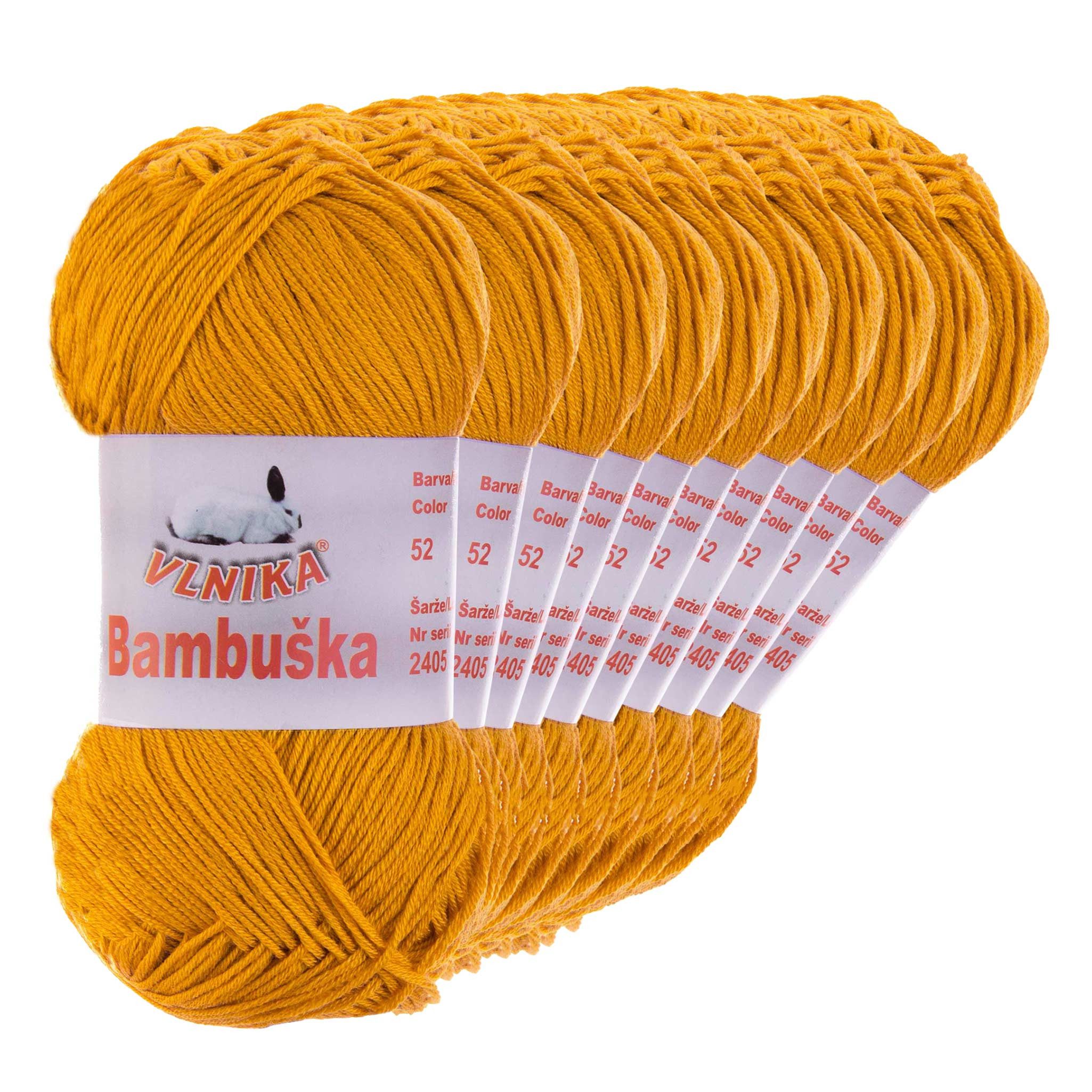 VLNIKA 10 x 50g Häkelgarn Bambuska Sommergarn Strickgarn Baumwolle Viskose Häkelwolle, 205 m (Sparpaket, 10 x 50g Knäuel), 52 senfgelb