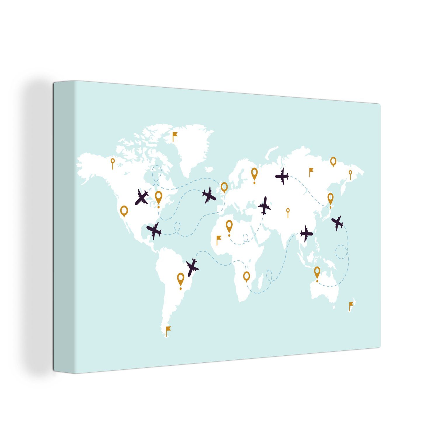 OneMillionCanvasses® Leinwandbild Weltkarte - Flugzeug - Einfach, (1 St), Wandbild Leinwandbilder, Aufhängefertig, Wanddeko, 30x20 cm