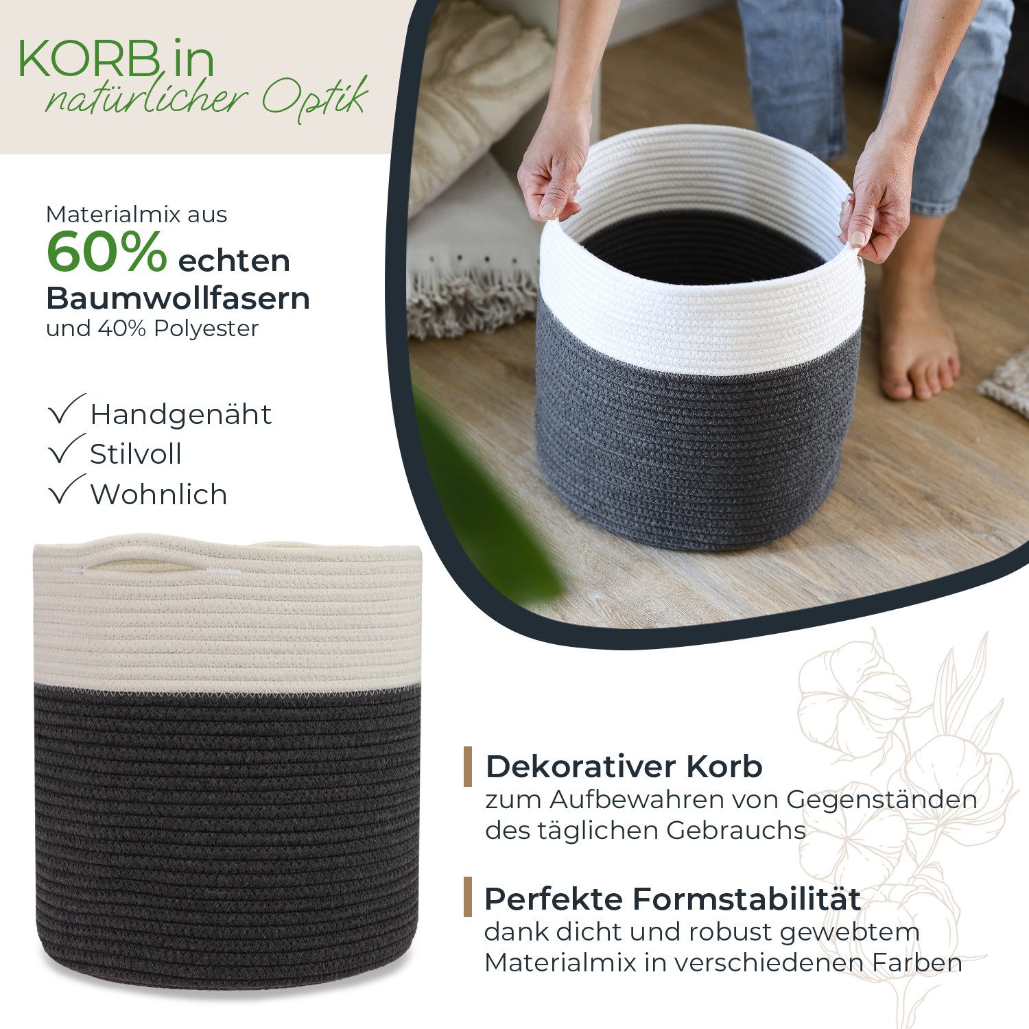 HMF Aufbewahrungskorb Aufbewahrungskorb passend für KALLAX Regal, runder Korb mit versteckten Griffen, 31 x 31 cm, Weiß-Grau – Bild 2 von 5