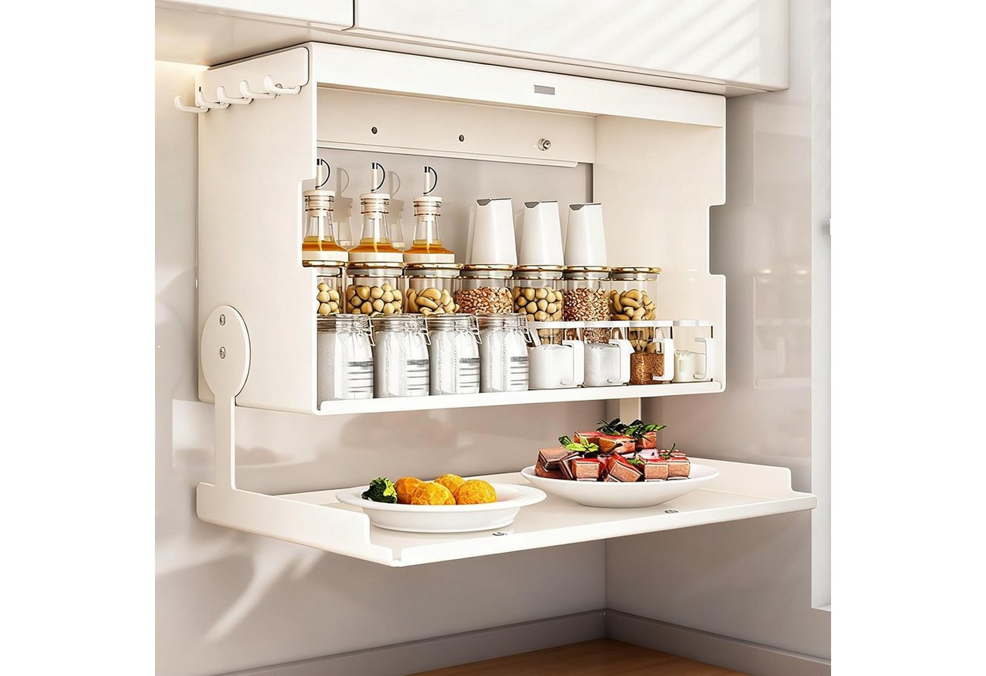BlingBin Küchenregal Wandschrank Organizer mit Klapptür, Metall-Hängeschrank - 40x19x29cm, 1er Set, Tragfähigkeit: 25 kg, Flip-Top-Design für Besteck, Geschirr & Utensilien 1-tlg., Küchen-Gewürzregal für Speisekammer, Essbereich & Küchen, Weiß