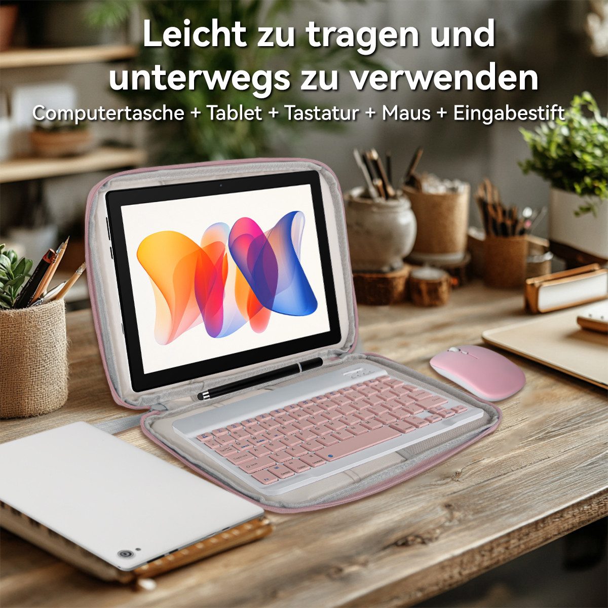 BUFO 10 Zoll 1280x800 HD 5000mAh WiFi 6 mit Tastatur, Maus und Stylus Tablet (10.1", 64 GB, Android 14, 5G WiFi, Android 14 mit Tastatur Set, KI-Unterstützung, 8GB+64GB)