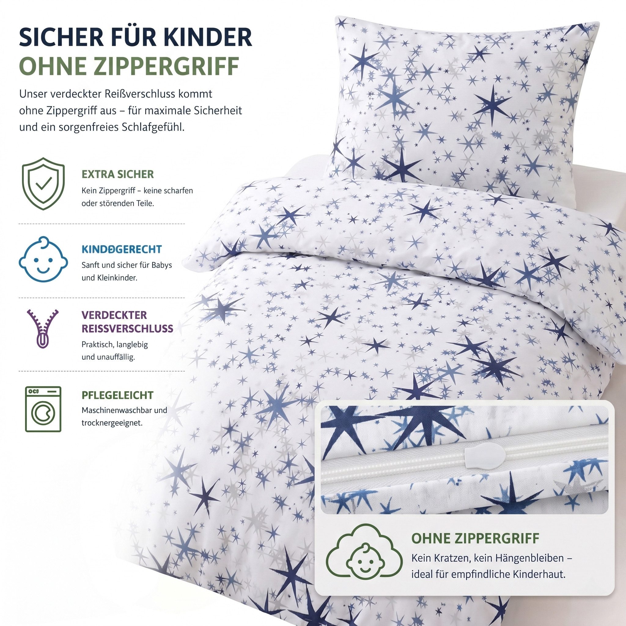 Buymax Kinderbettwäsche Etoiles Kids Stars, Renforce: 100% Baumwolle, 2 teilig, 135x200 cm, 100% Baumwolle, Reißverschluss, Sterne