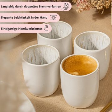 SÄNGER Becher Korfu Espressobecher Set (4-teilig), Steingut, Creme Farben mit Sandiger Maserung, 80 ml, Handmade