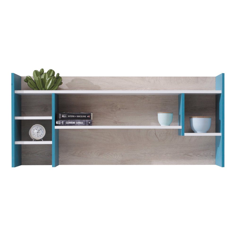 Lomadox Aufsatzschrank PITTSBURGH-133 Aufsatzregal für Schreibtisch, weiß/Eiche/blau