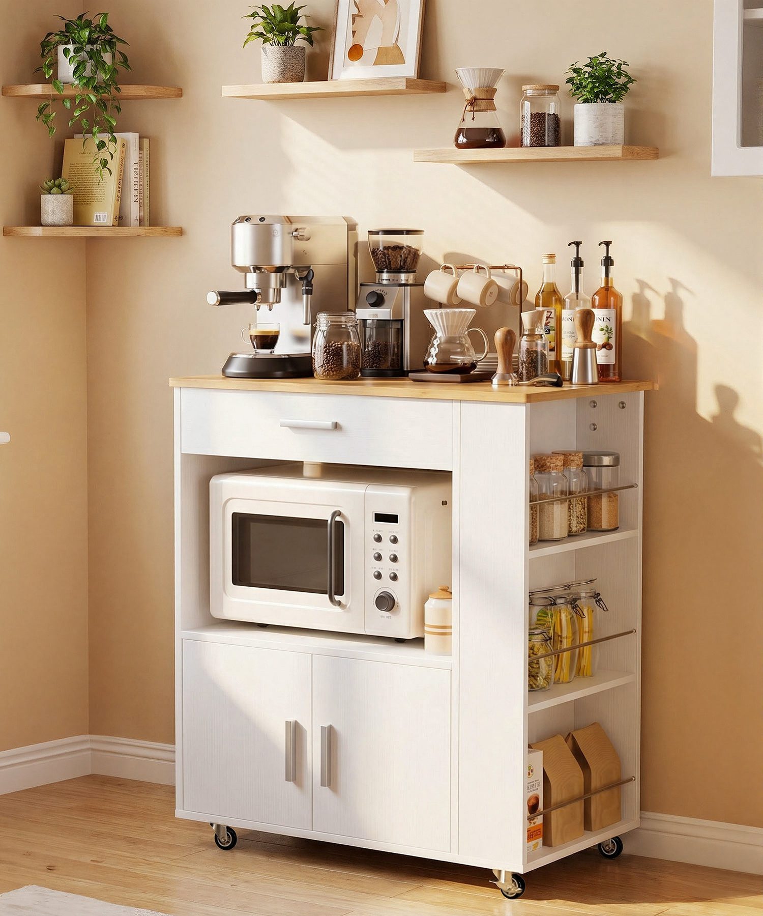 Yorbay Küchenwagen mit Rollen,Servierwagen mit Arbeitsplatte, Kücheninsel Freistehend, (75*46*88 cm), Küchenschrank mit Schublade & 3 Gewürzregalen