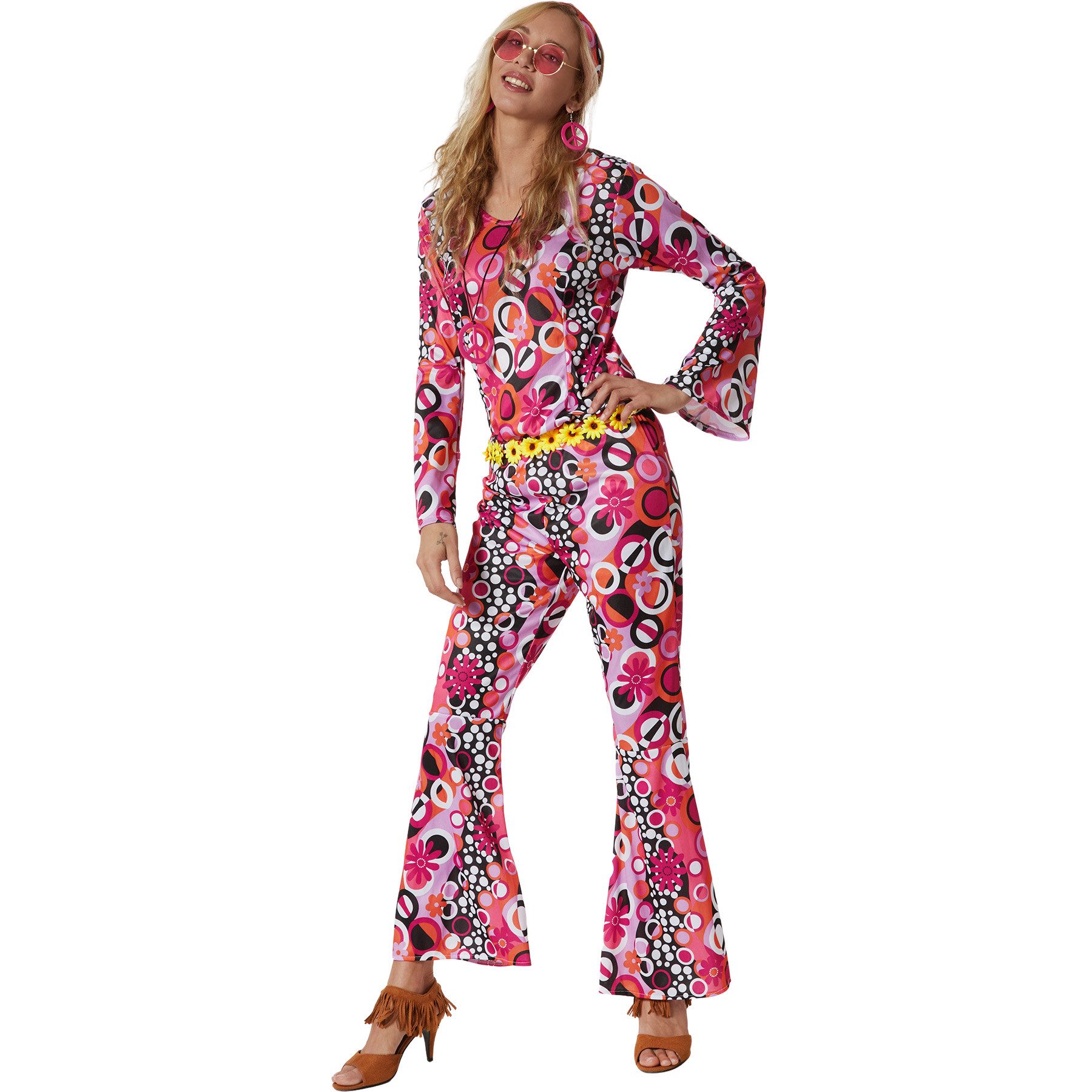 dressforfun Hippie-Kostüm Damenkostüm, Pinkes Oberteil und Hose im Flower-Design.
