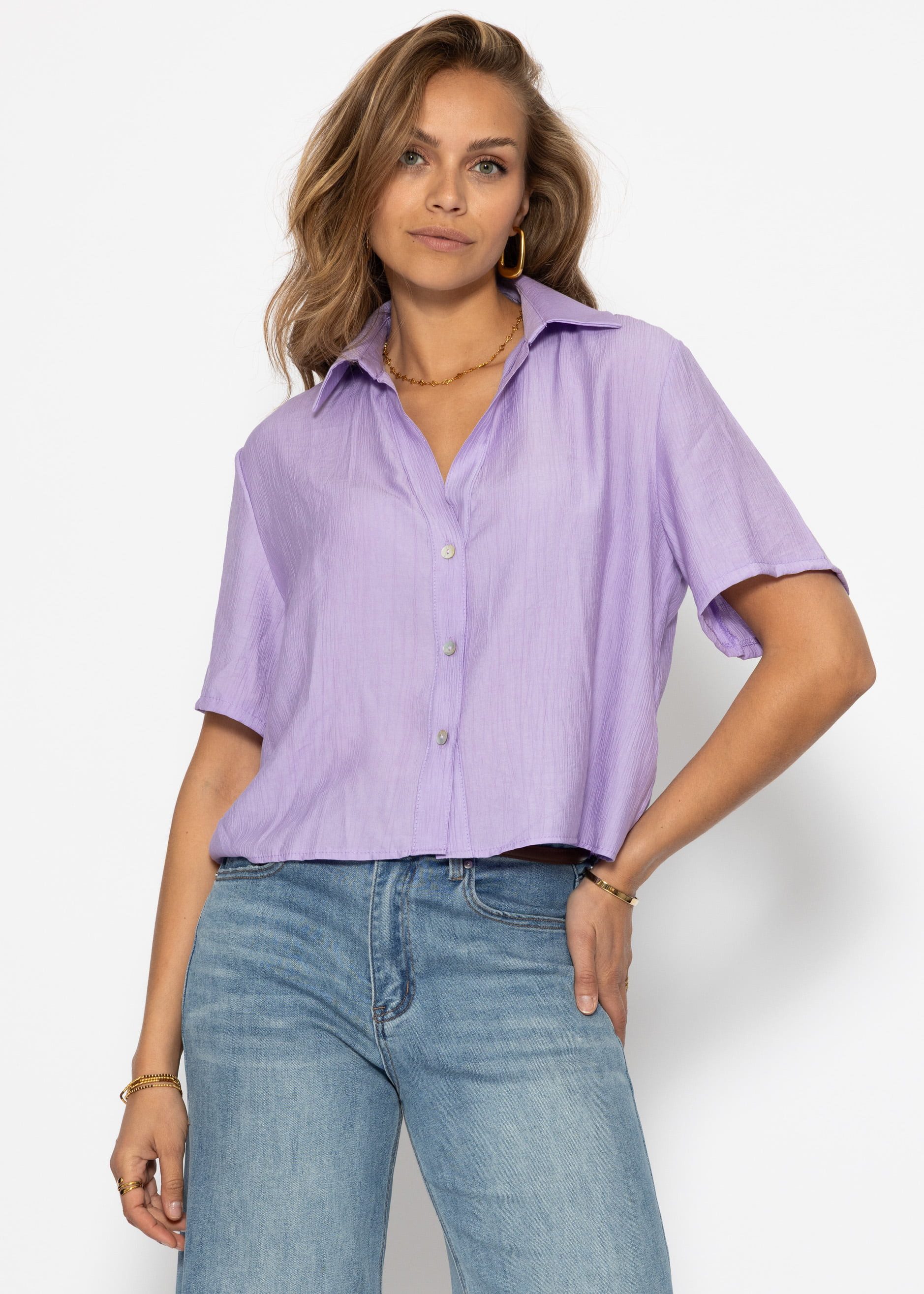 SASSYCLASSY Langarmbluse Bluse in Crincle Optik für Damen Sommerliche Bluse im Oversized-Fit mit klassischem Kragen