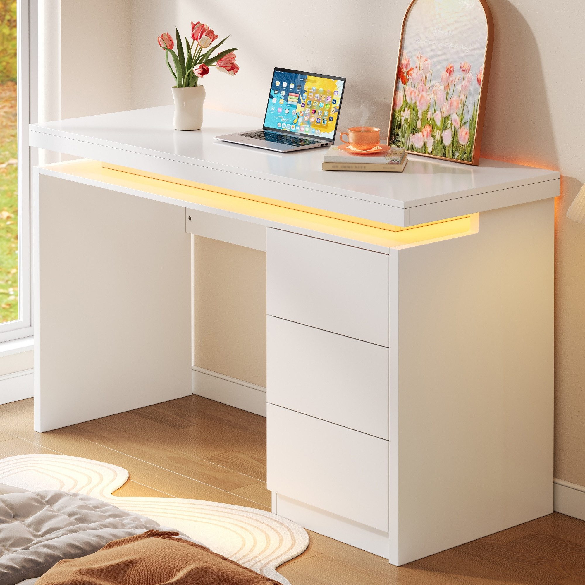 OKWISH Schreibtisch LED-Schreibtisch 120x50x78,5cm mit 3 Schubladen (Packung, 1-St., Verlängerte & verbreiterte Arbeitsfläche), Verstärkte Beine, einstellbare LED für Homeoffice