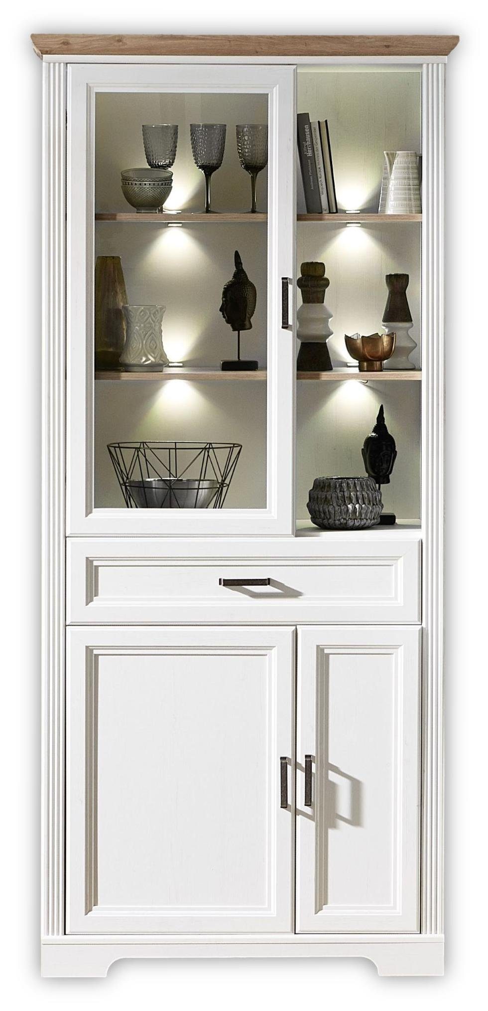 Innostyle Kleiderschrank Vitrine JASMIN 2-türig - Landhausstil Pinie weiß mit Beleuchtung