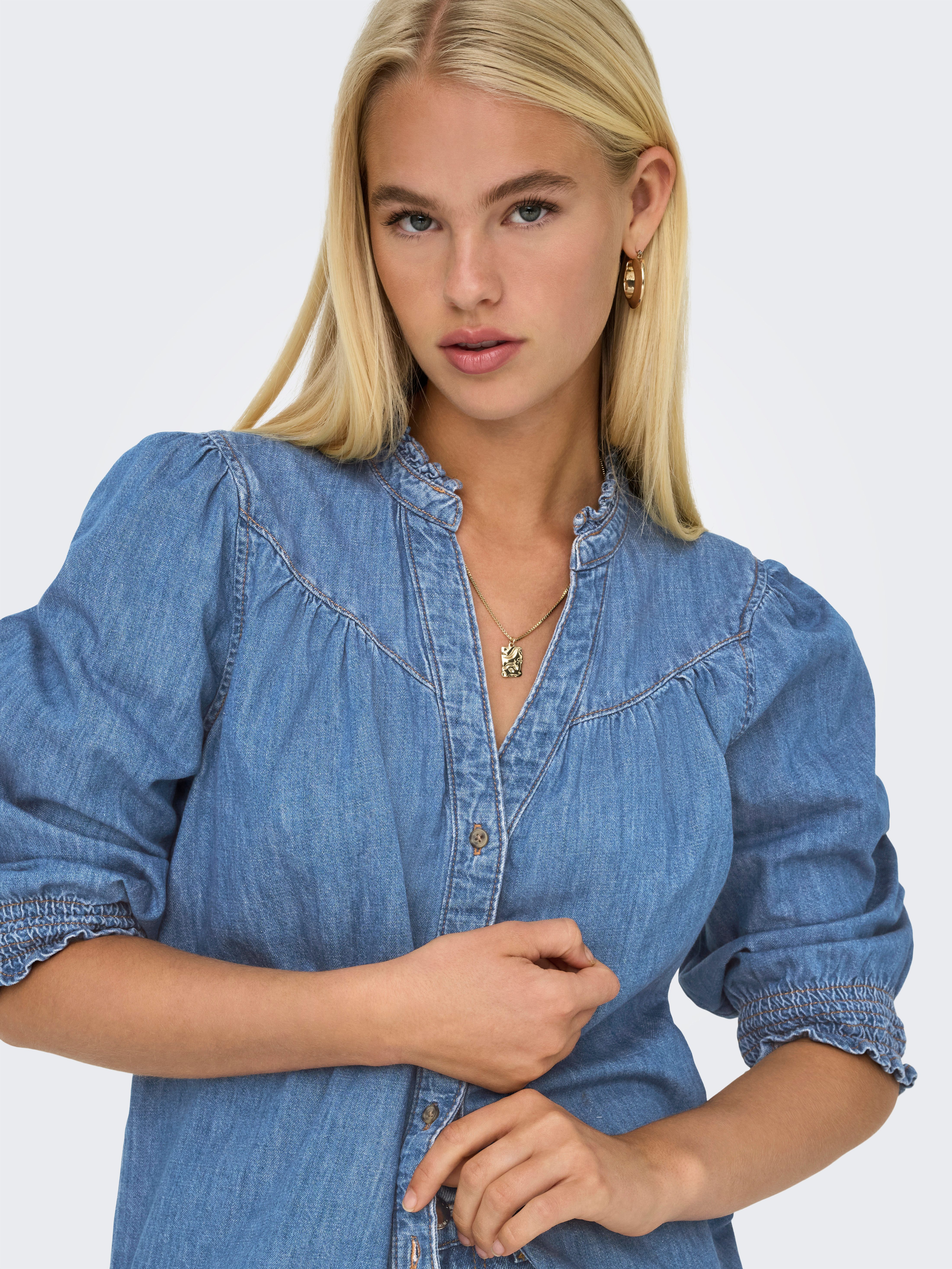 ONLY Jeansbluse ONLRAYA 3/4 SHIRT DNM AKM NOOS mit Rüschenkragen