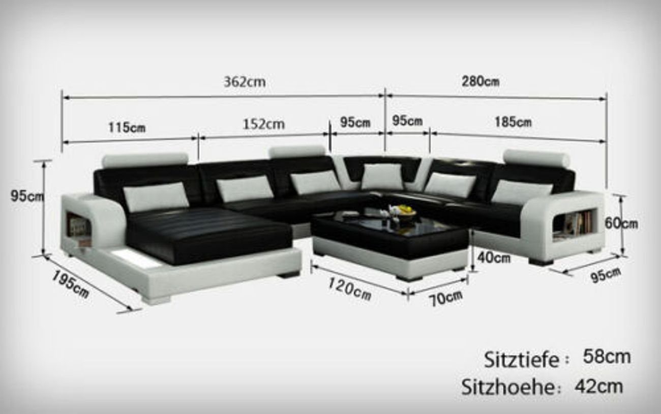 Wohnlandschaft Garnitur JVmoebel Polster Couch Form U Sofa+USB Leder Modern Ecksofa Eck Schwarz