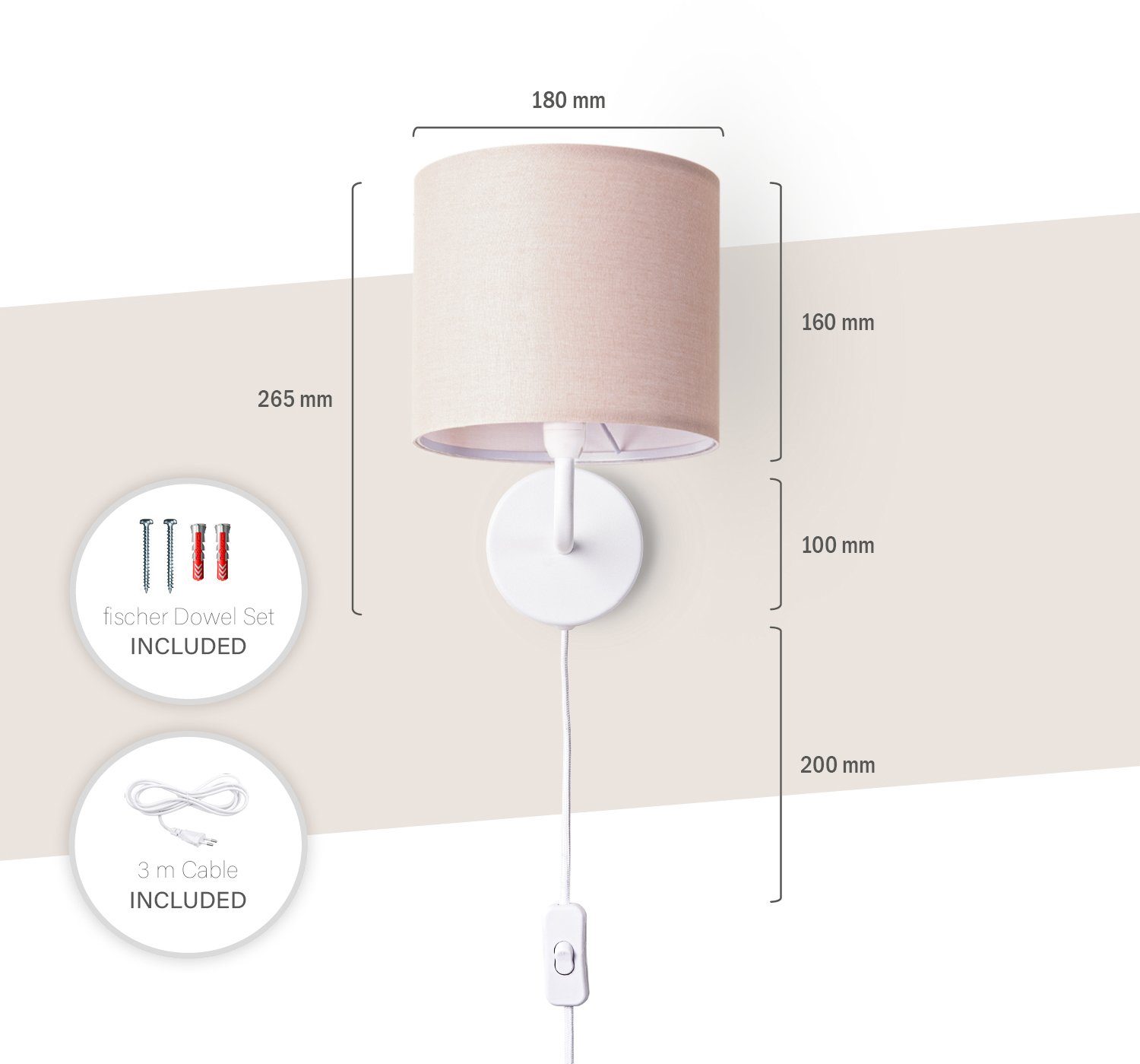 Paco Home 3m Flur Ø…18cm Deko Kabel Schalter Wandleuchte Wohnzimmer Uni Leuchtmittel, E14 Color, ohne Wandlampe Unifarben