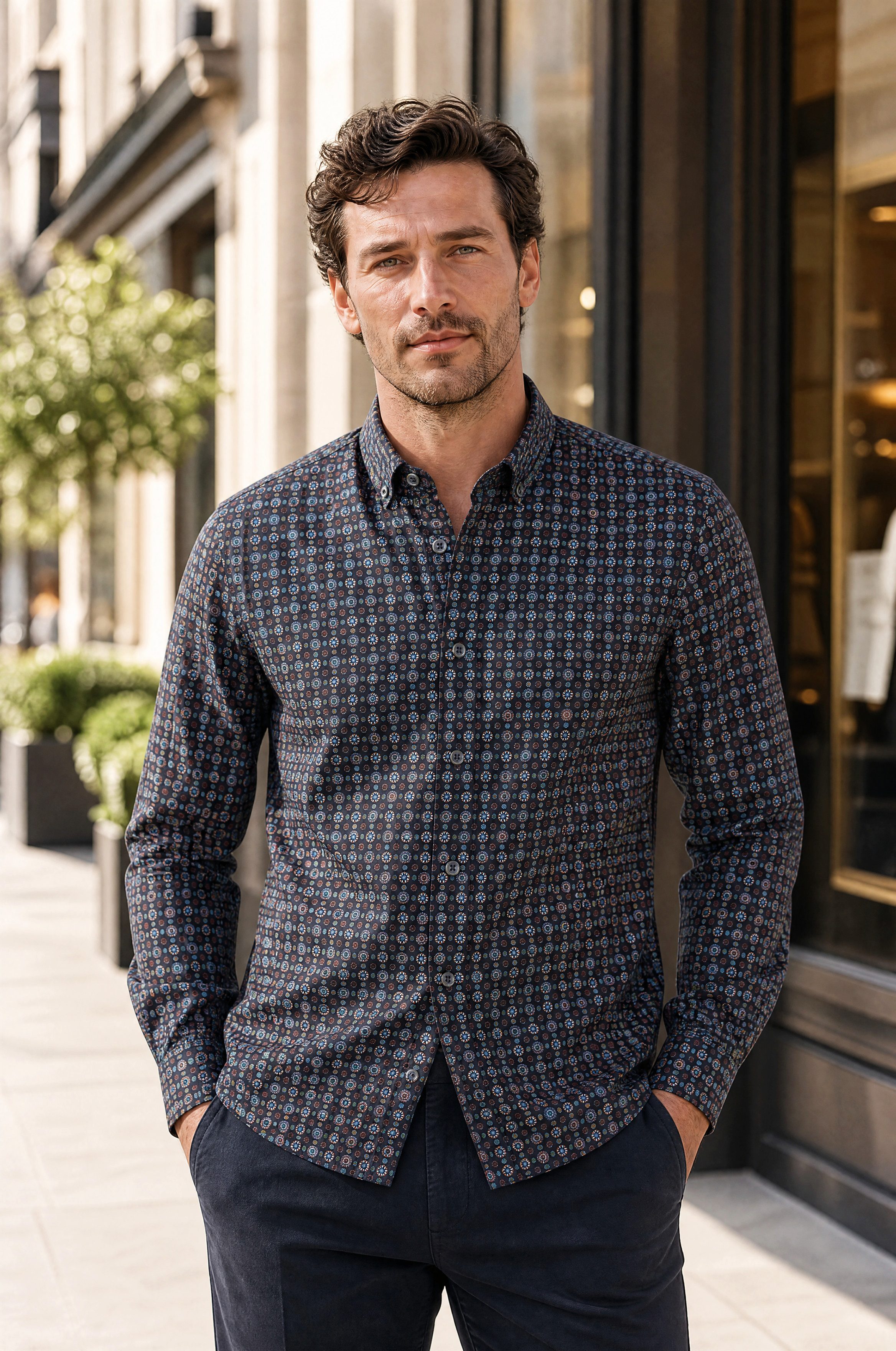 Haupt Langarmhemd Baumwolle Langarm Herrenhemd Modern Fit All-Over Print Frühling