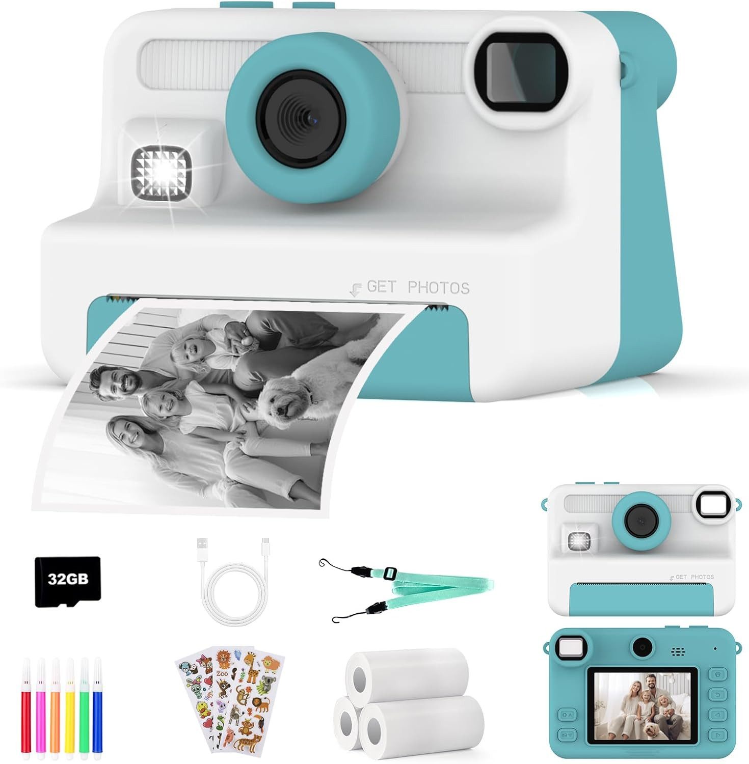 AMZSA Kinderkamera Sofortdruck 1080P HD mit 32GB Karte Sofortbildkamera Sofortbildkamera (inkl. Kinderkamera Set mit Druckpapier Stiften Stickern und 32GB Karte, Sofortdruck 1080P Video 32GB Karte Spiele kompakte Bauweise)