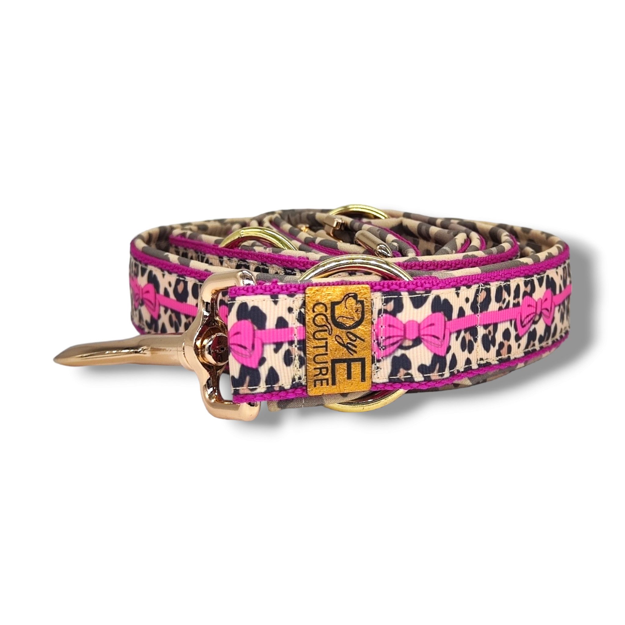 D by E Couture Hundeleine "Pink Leo Love I", gepolstert, 3-fach verstellbar, 30mm breit, Handmade