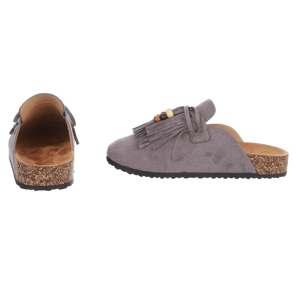 Ital-Design Damen Clog mit Fransen und Perlen, Schlupfschuh Pantolette (91742355) Flach Pantoletten in Grau – Bild 5 von 5
