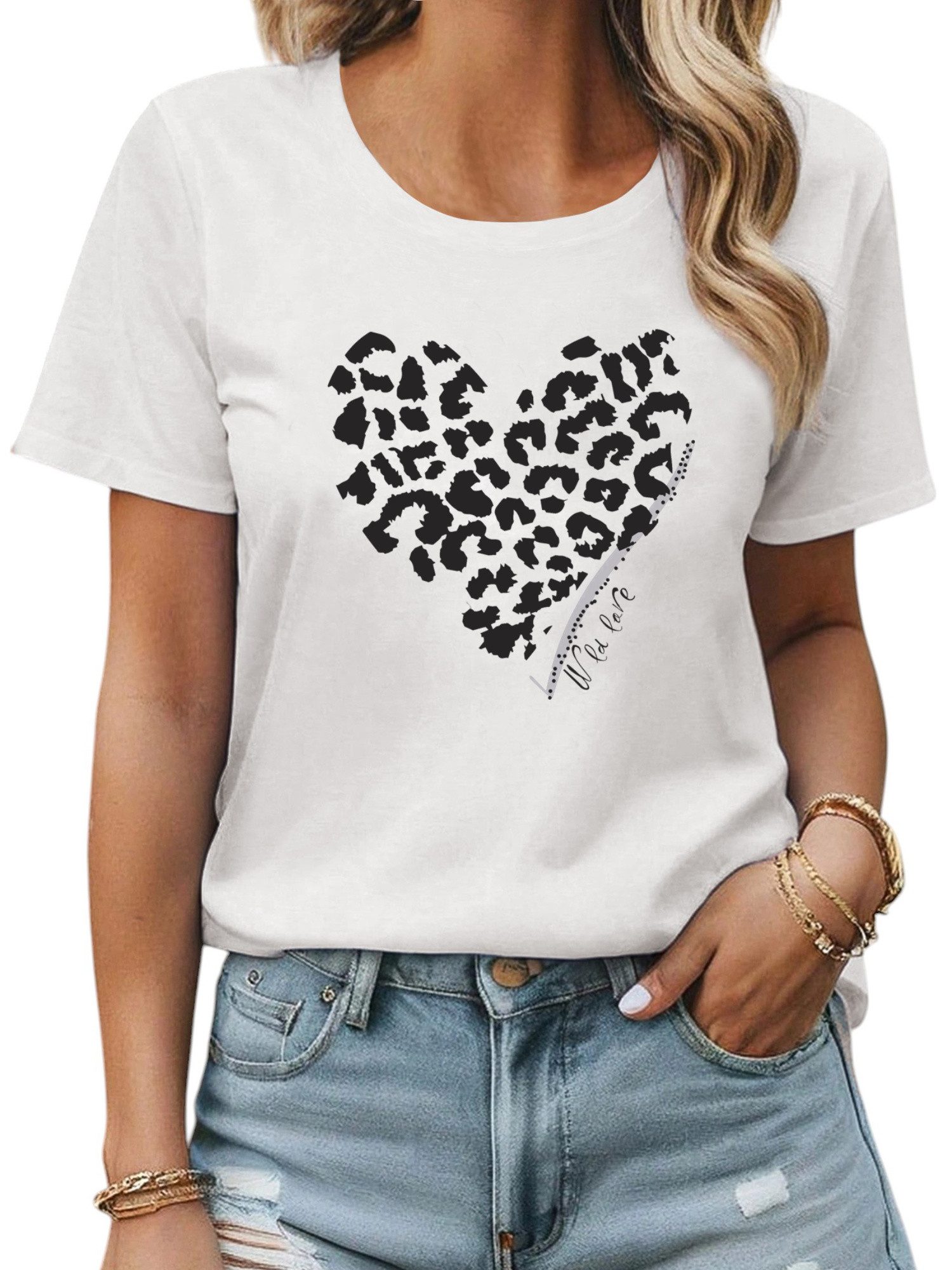 PYL Short Sleeve Blouse Women Summer Casual Short Sleeve Blouse Leopard Heart Print Shirt