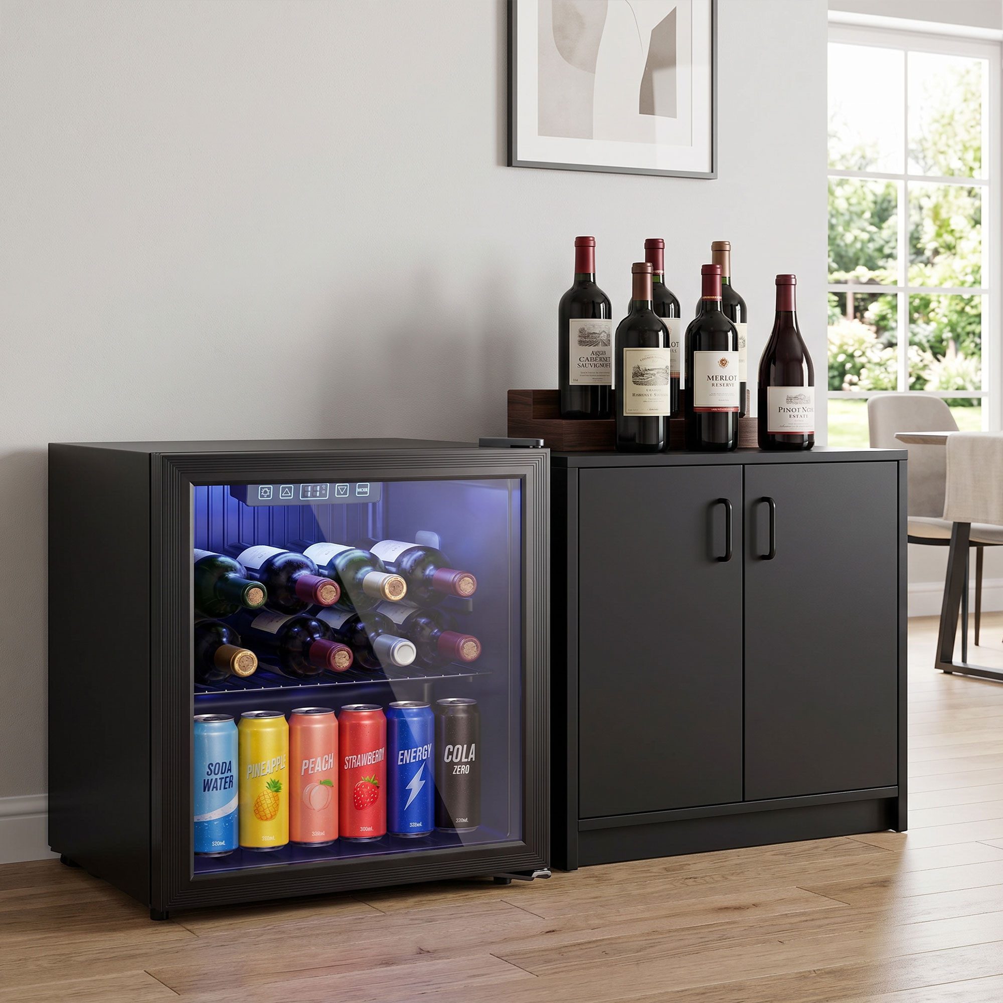 HOMCOM Getränkekühlschrank 800-333V90BK 800-333V90BK, 51 cm hoch, 45 cm breit, Leiser Kompressor, UV-beständige Glastür, kompakt