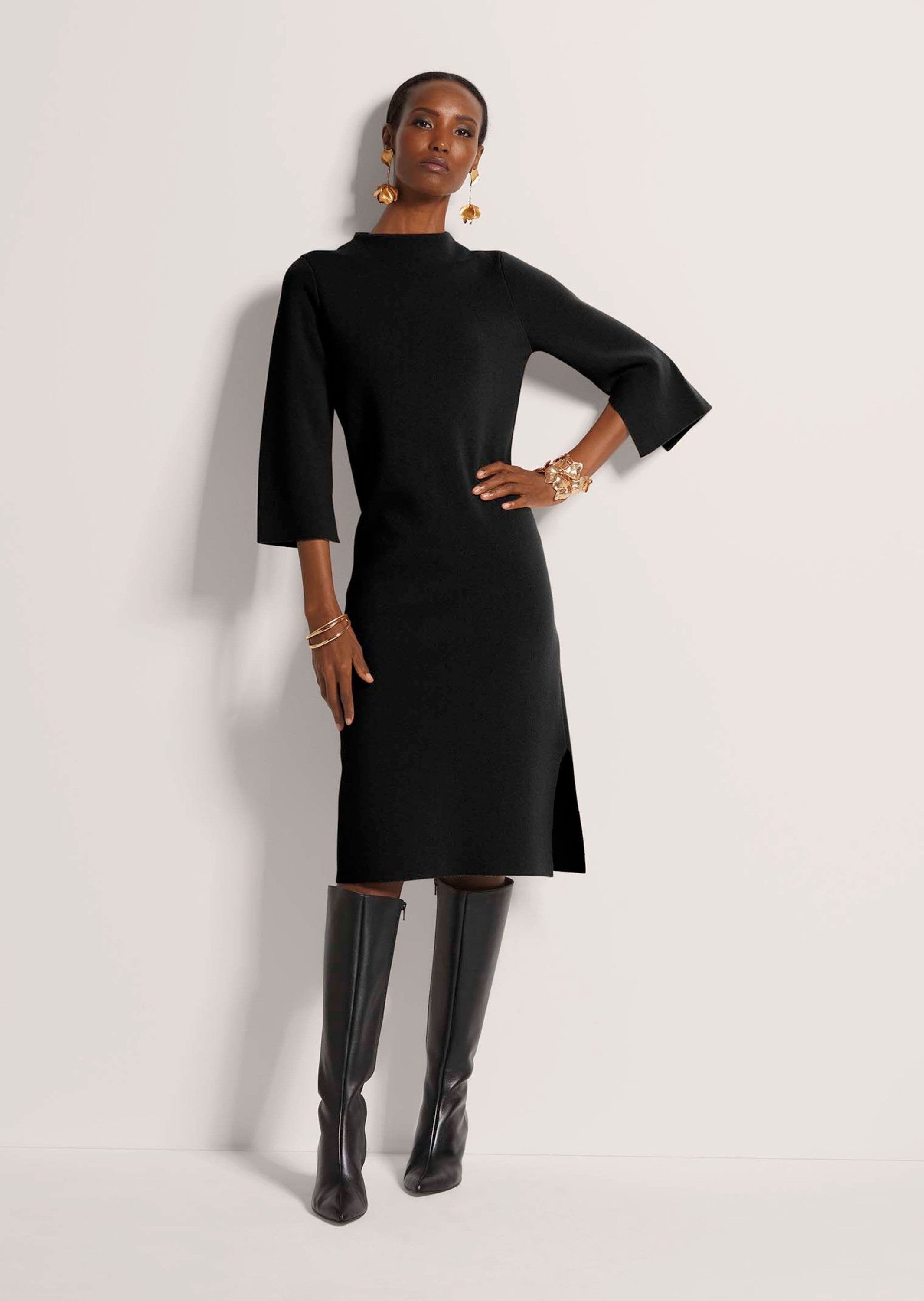 MADELEINE Strickkleid Halbarm Kaschmir-Strickkleid in Midilänge Feminines Design mit Stehkragen und Seitenschlitz, 3/4-Arm