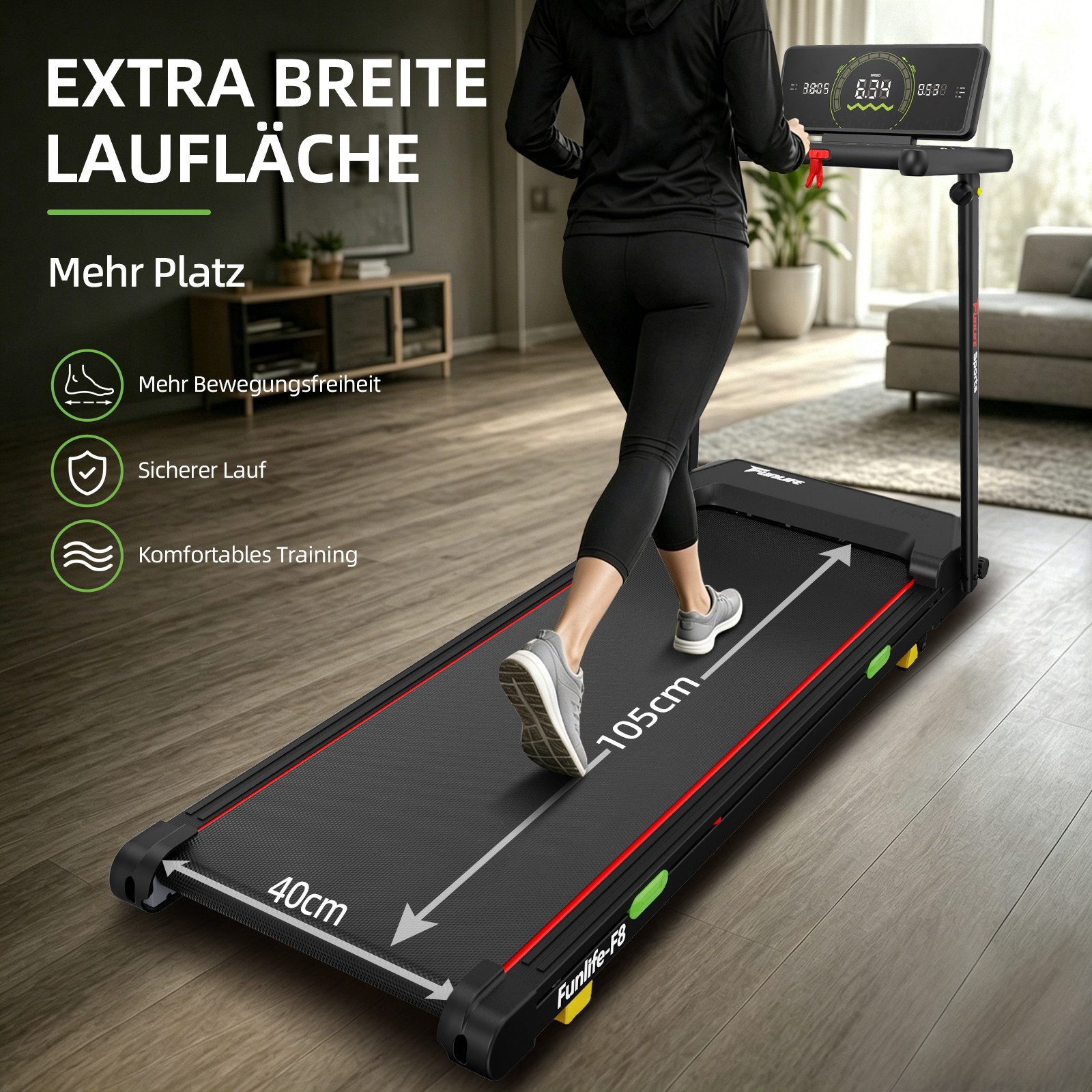 FunLife Laufband Extra breite Lauffläche & Display am Handlauf (Einzelgerät, Klappbares Laufband), 12 Programme · Herzfrequenzsensor · Klappbar
