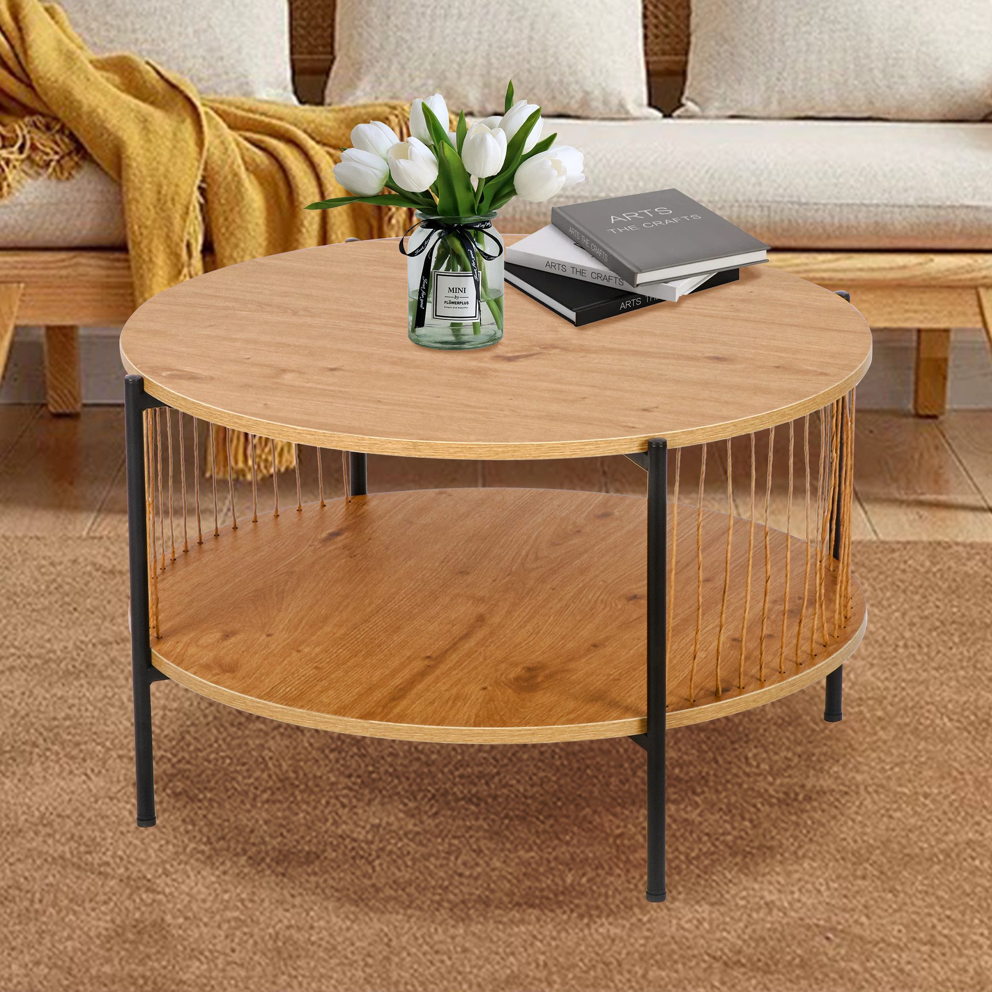 KAHOO Couchtisch Beistelltisch Couchtisch rund mit 2 Ebenen, Beistelltisch Holz