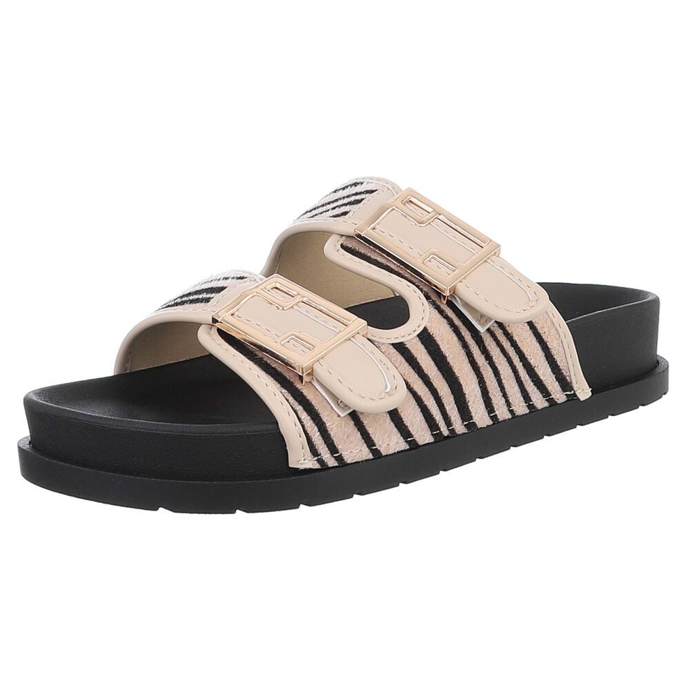 Ital-Design Bequeme Damen-Sandalen mit Schnallen fürs Freizeitstyling Pantolette (89372757) Flach Pantoletten in Beige