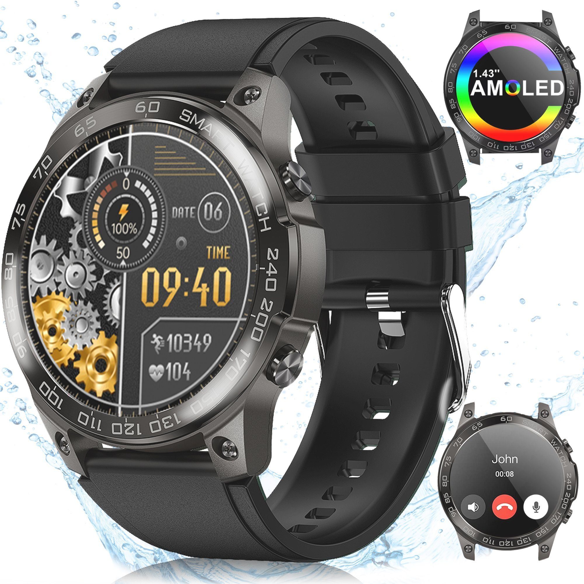 Mutoy Smartwatch, Fitness Tracker Uhr für Damen Herren Smartwatch (3.63  cm/1,43" AMOLED Touchscreen Display Zoll) Überwachung des Blutsauerstoffs,  NFC-Zugangskontrolle IP68 wasserdicht, Herzfrequenzmesser, Analyse von  EKG-Daten