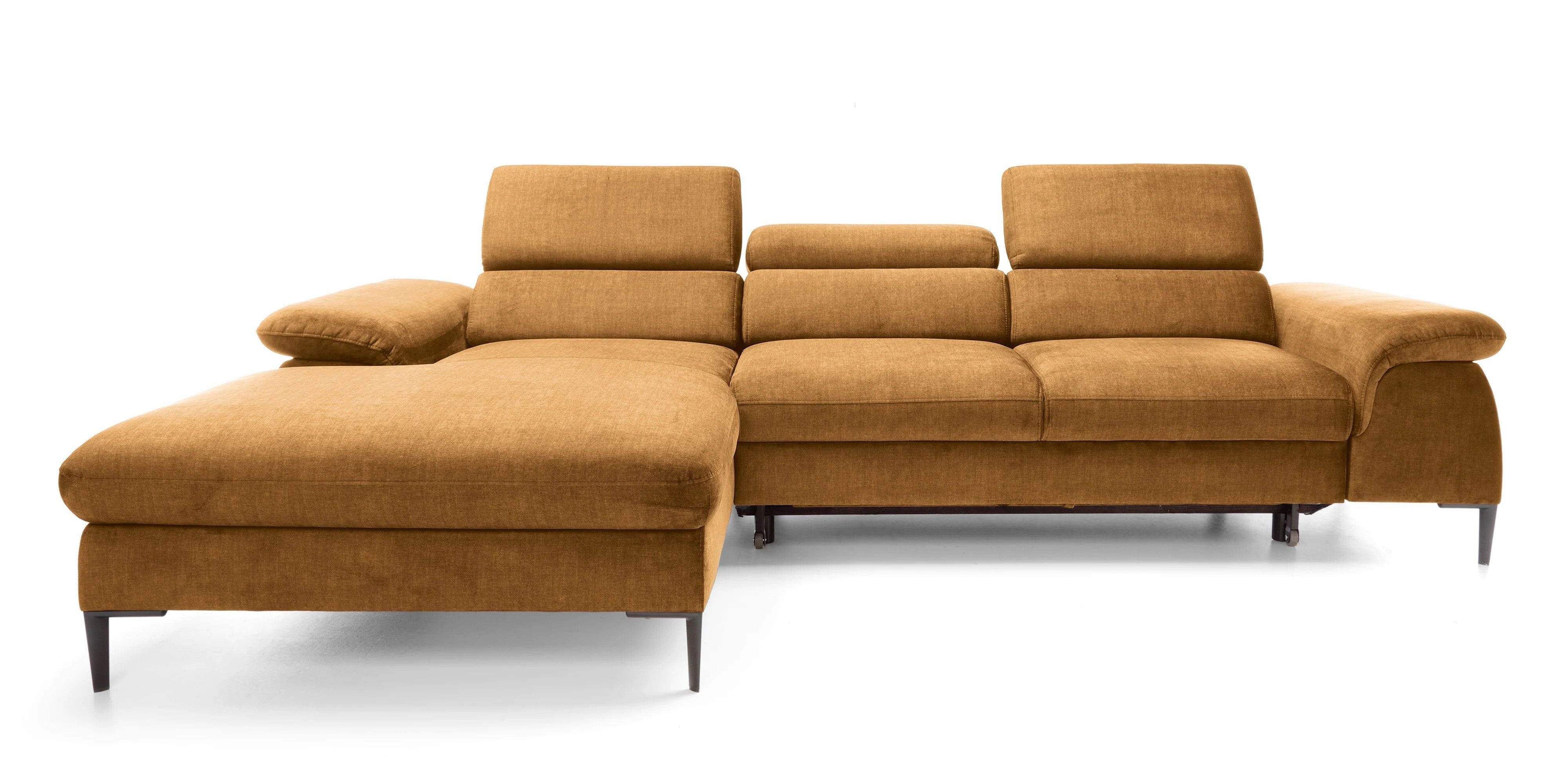 Goldstoff Ecksofa mit Schlaffunktion und Stauraum - LARGO Sofa L-Form - Wellenfederkern, Couch mit Schlaffunktion und Bettkasten, Einstellbare Kopfstützen