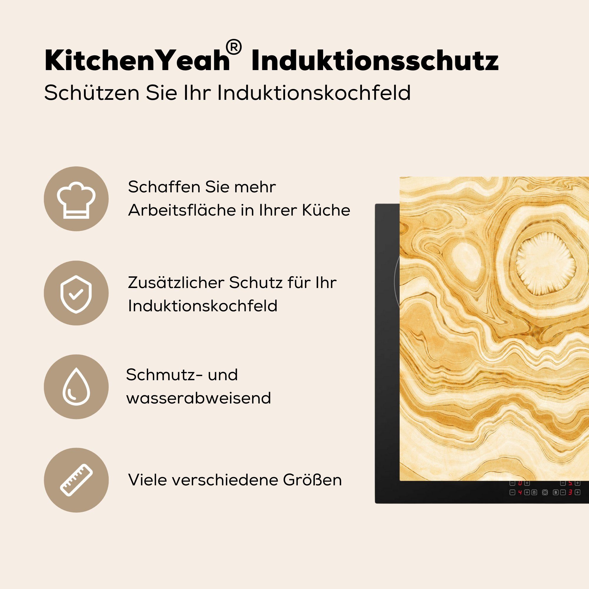 tlg), Vinyl, 59x51 Edelsteine Herdblende-/Abdeckplatte (1 Achat Induktionsschutz, Ceranfeldabdeckung - MuchoWow - cm, Gold, Induktionskochfeld,