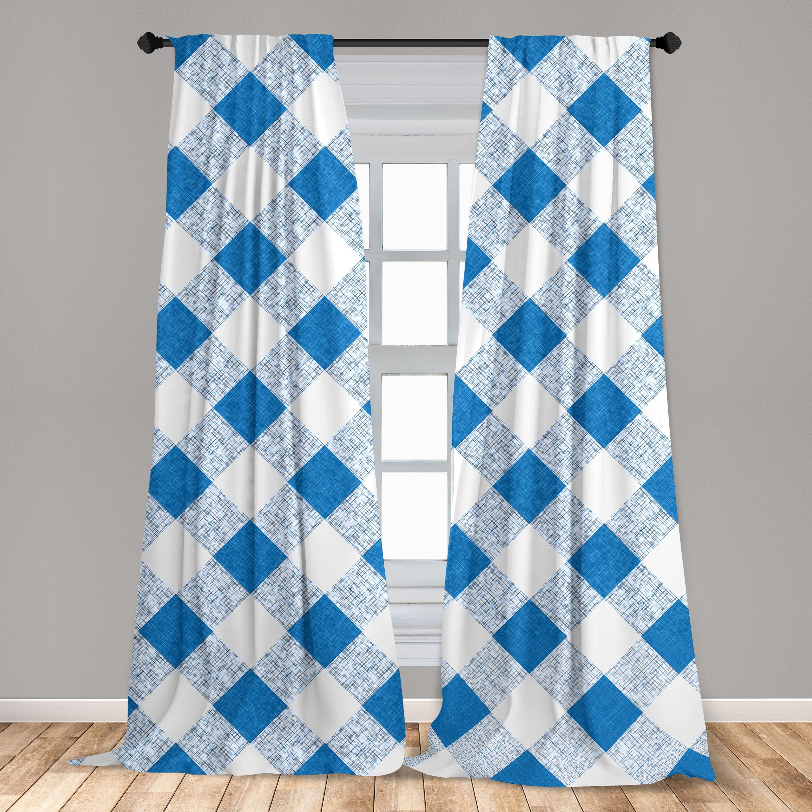 Wohnzimmer Abakuhaus, Microfaser, Schlafzimmer weiß Gitter Checkered Vorhang für Gardine und Plaid Dekor, Blau