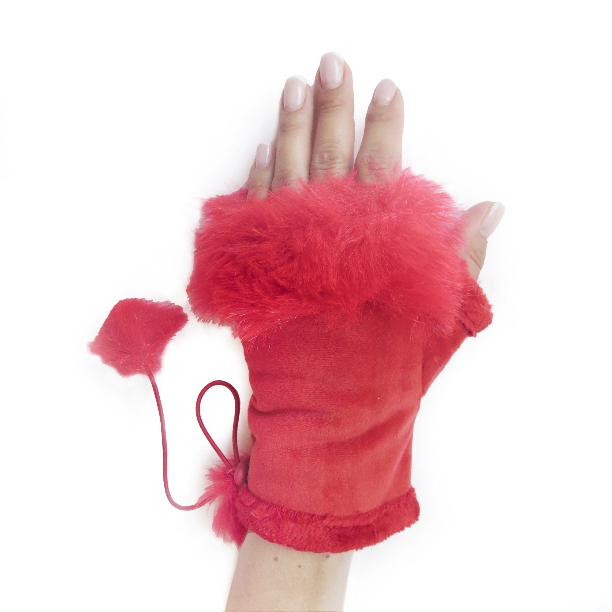 Strickhandschuhe Fingerlos Handstulpe rot Kunstfellapplikationen Kunstfell Originelli Sonia Zugband, Wuschel Damenhandschuhe Halbfinger,