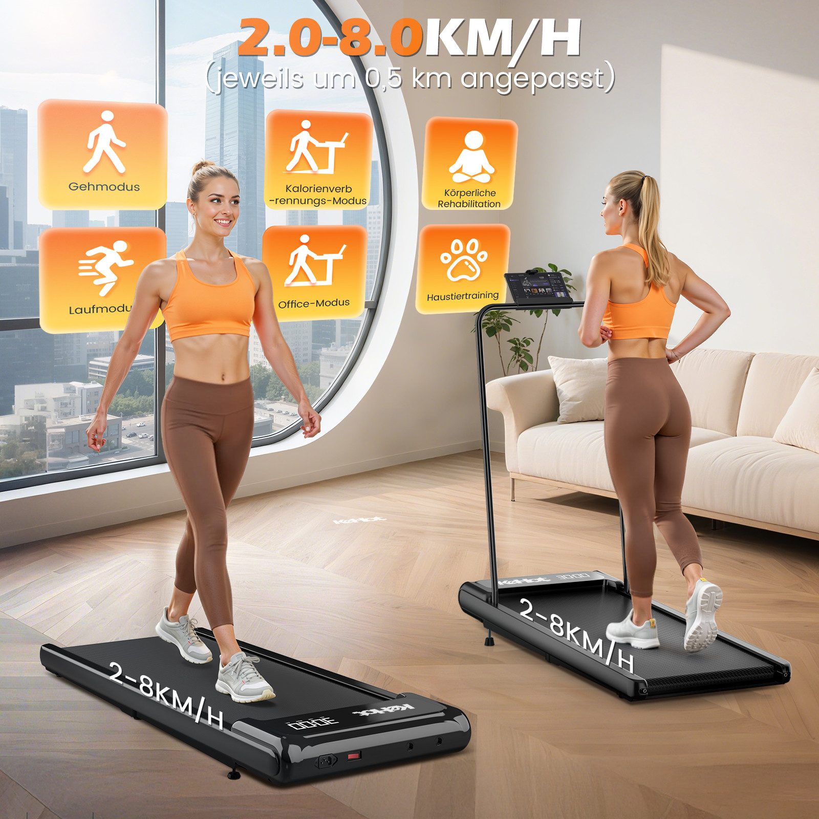 kehot Laufband Laufband mit 8% steigung,2–8 km/h, Abnehmbarem Haltegriff, LED Display (Walking Pad für Zuhause und Büro, mit leisem Motor, Bluetooth App, 4-stufige Neigungsanpassung für effektives Cardio Training), Kompaktes Fitness Laufband mit EQISport, Kinomap, Zwift kompatibel