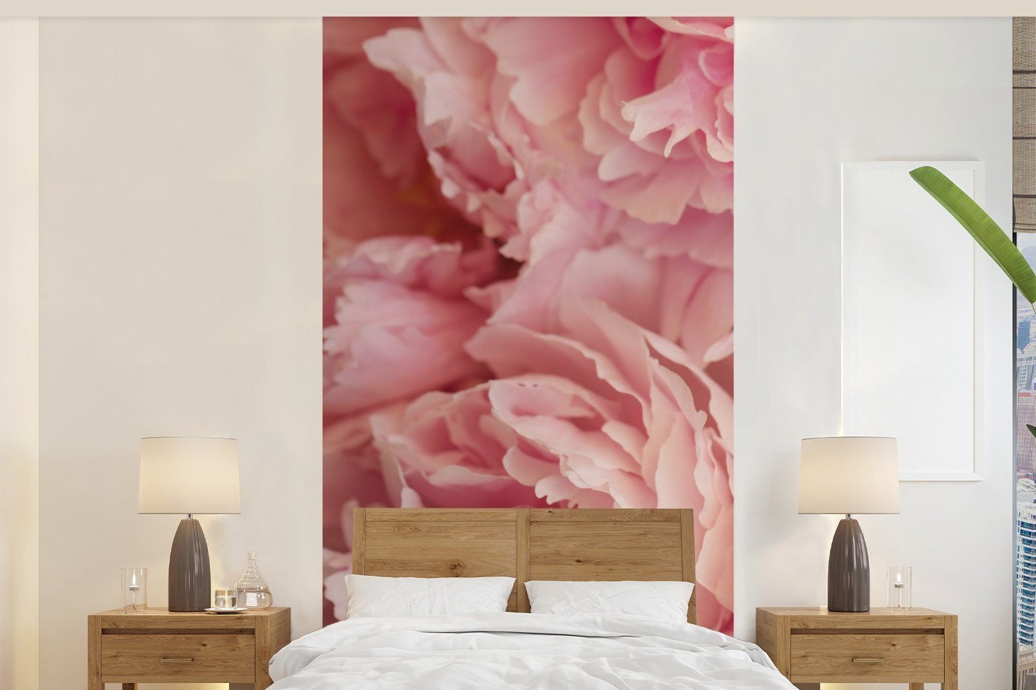 einen Pfingstrosen, für Matt, (2 bedruckt, Fototapete Wohnzimmer Draufsicht Vliestapete Fototapete Küche, auf St), Schlafzimmer Strauß rosa MuchoWow