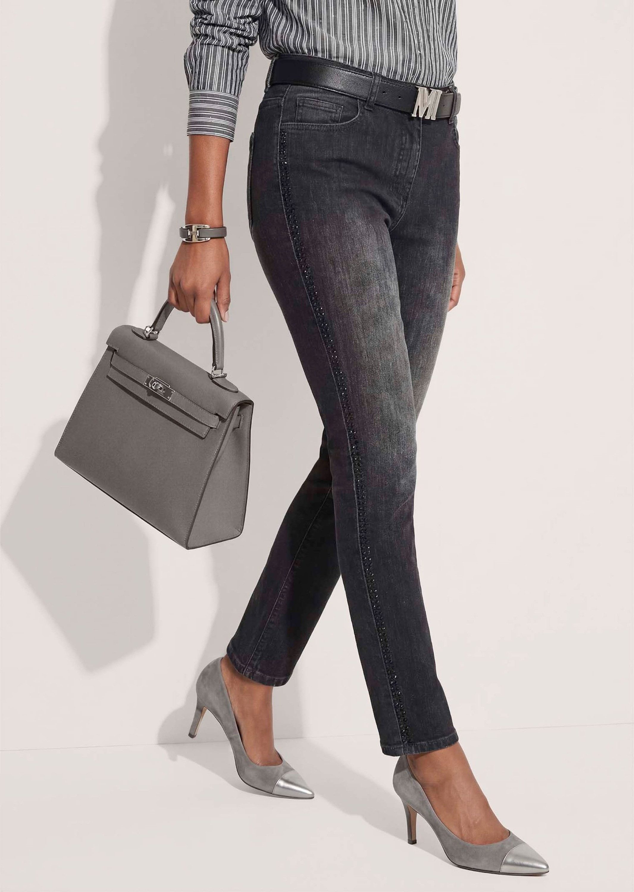 MADELEINE Gerade Jeans Slim-Jeans mit Strassdekor Modische Wascheffekte, 5-Pocket-Style & schmale Beinführung