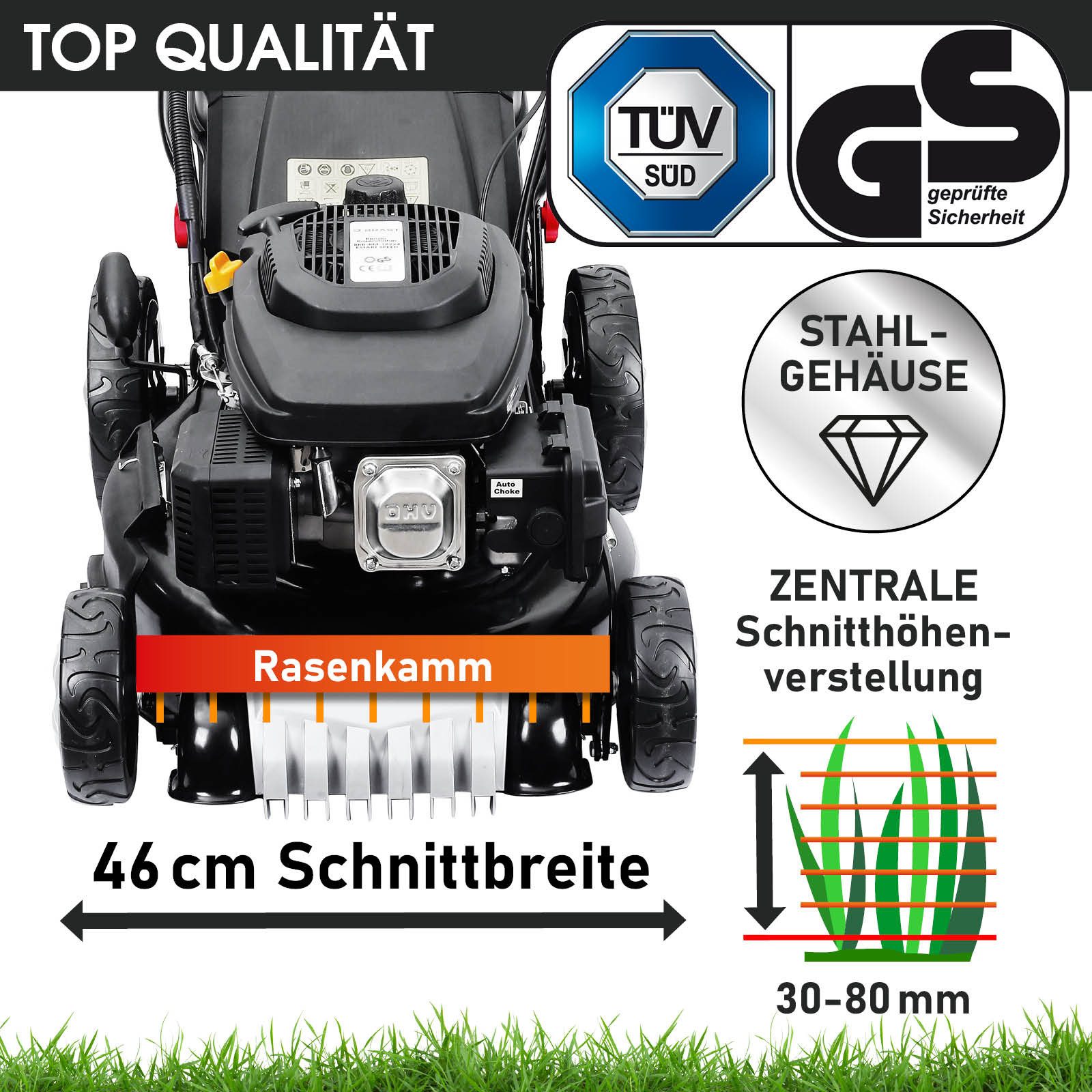 BRAST Benzinrasenmäher mit Antrieb 3,5kW(4,76PS), 46 cm Schnittbreite, TÜV geprüft, 4 Takt OHV Motor, 60L Fangkorb, massives Stahlgehäuse