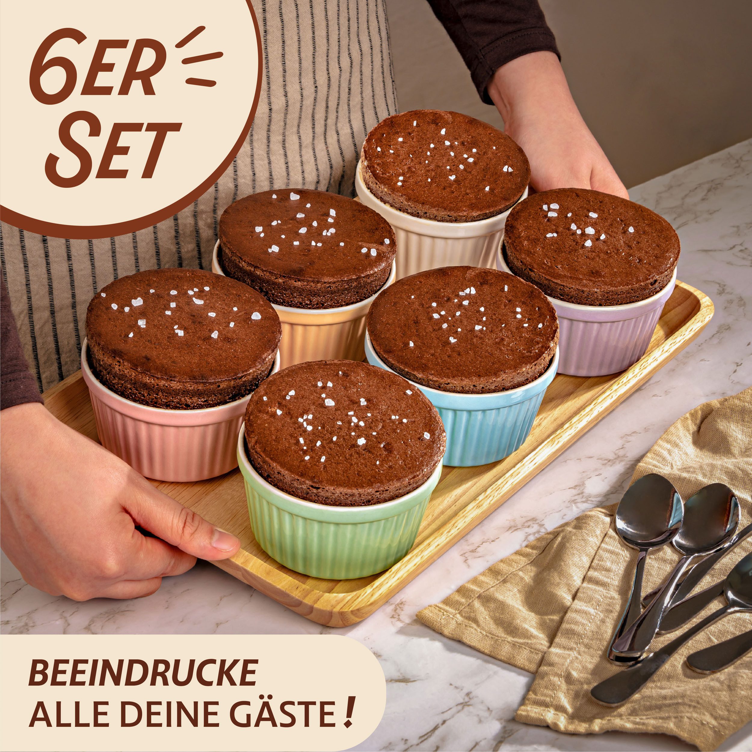 Praknu Auflaufform 6 Souffle Förmchen aus Keramik - Backofenfest - 200 ml - 9 cm, Keramik, (6-St), Kuchenform Rund - Ineinander stapelbare Auflaufförmchen mit Antihaft