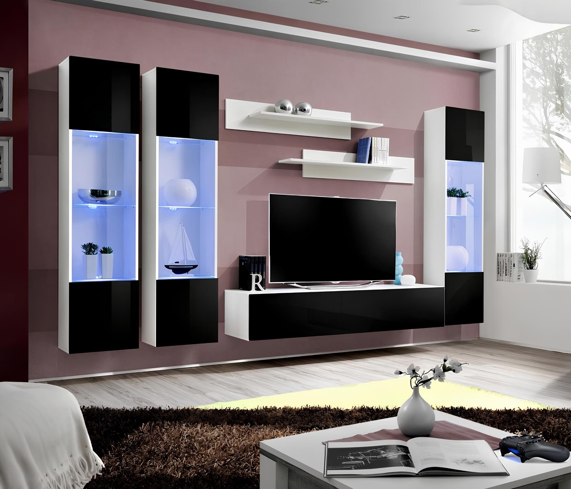 JVmoebel Wohnwand Moderne Wohnwand in Weiß mit TV-Ständer und Regalen aus Holz, Made in Europa
