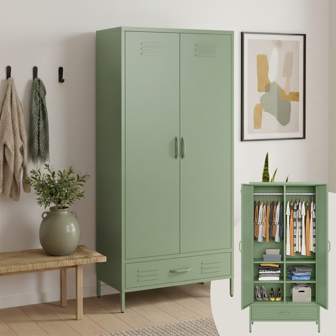 skølm Kleiderschrank Atria aus Metall (Mintgrün) Metallschrank mit 6 Fächern, 1 Schublade & 2 Kleiderstangen