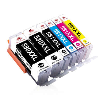 Toner Kingdom 6PK Multipack für CANON 580XL 581 PGI 580 XL CLI 581 XL Tintenpatrone (2 PGBK, 1 Schwarz, 1 Cyan, 1 Magenta, 1 Gelb, TS6150 TS8150 TS6250 TS9550 TR8550 TS6350 TS8350)