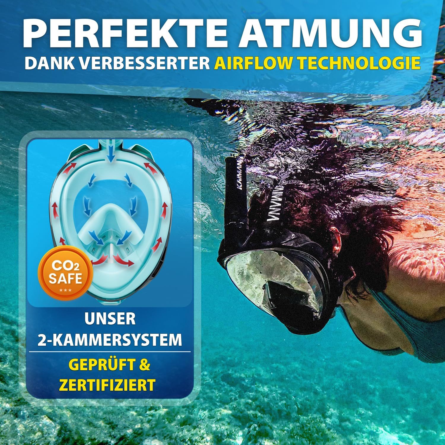 KAIMANA Tauchermaske NEUHEIT- Schnorchelmaske für Erwachsene inkl. Tragetasche, (Vollgesichtsmaske Tauchmaske), geprüfte CO₂ Sicherheit - Tauchermaske Erwachsene